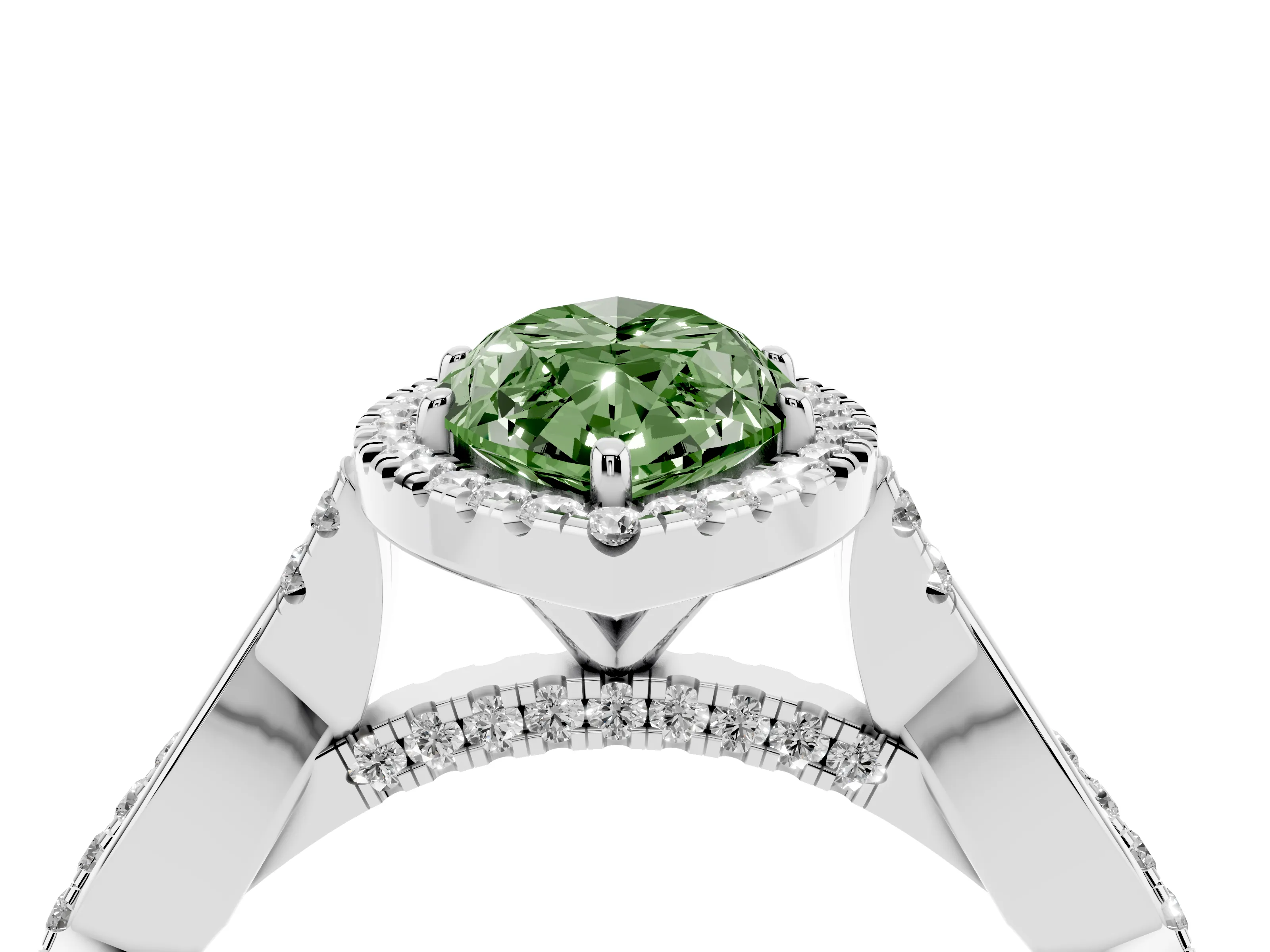 Fancy Green Marquise Cut Diamond Halo Twist Band Solitaire Ring Set in White gold with Prong Setting