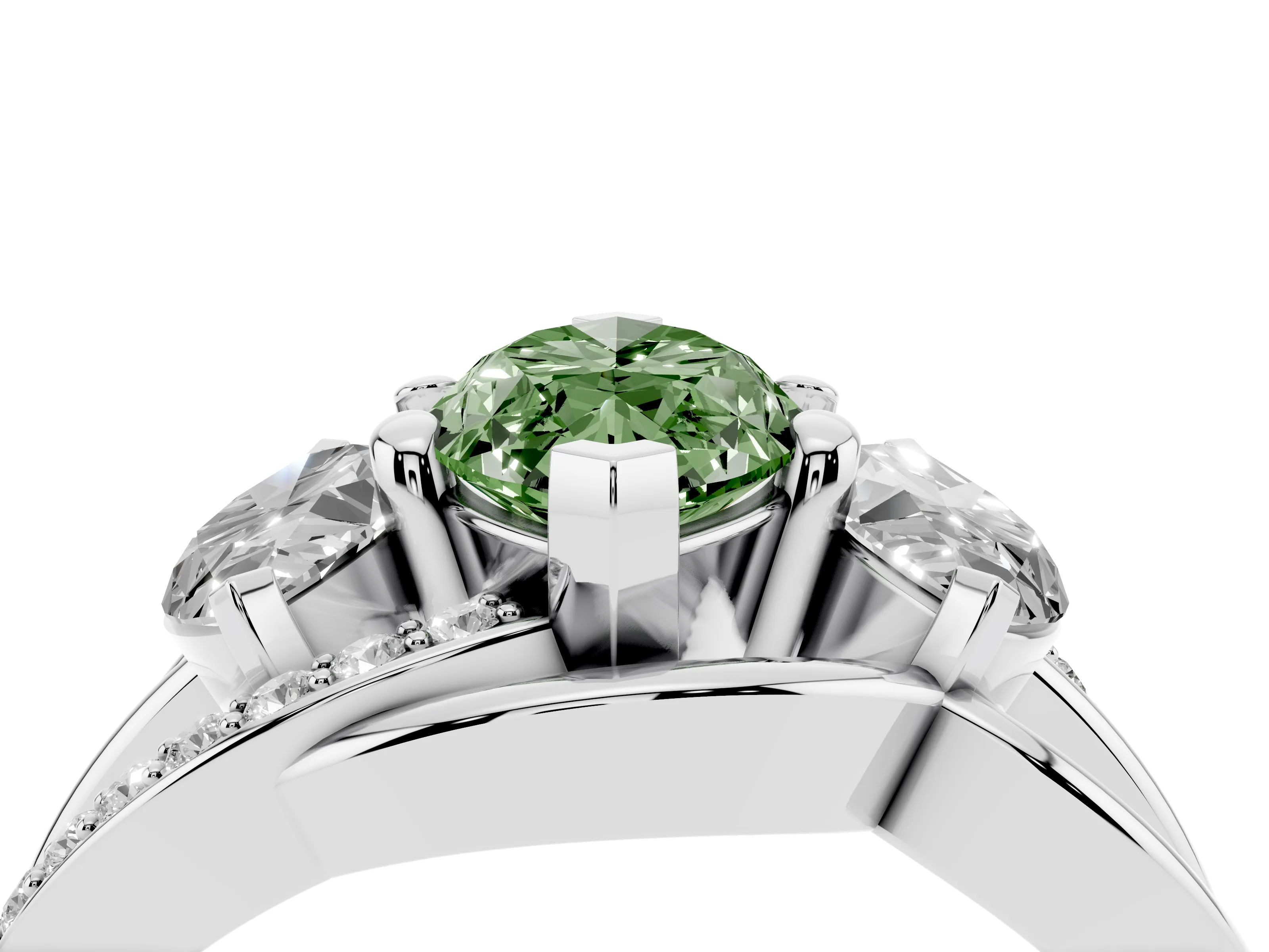Fancy Green Marquise Cut Diamond Three-Stone Ring Set in Platinum with Split Shank and Prong Setting