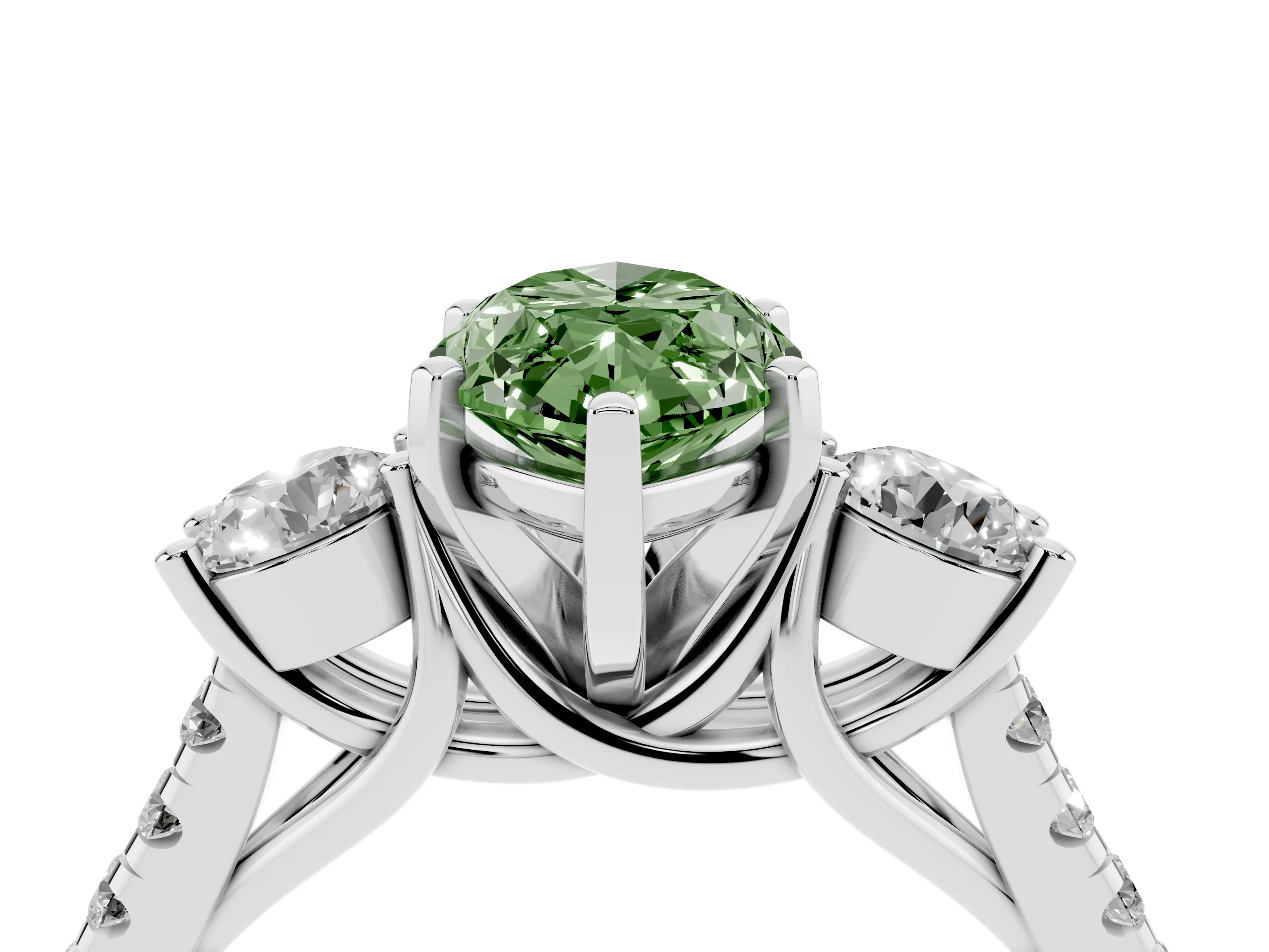 Fancy Green Three-Stone Marquise Cut Diamond Pavé Band Ring Set in Platinum with Prong-Set Trio