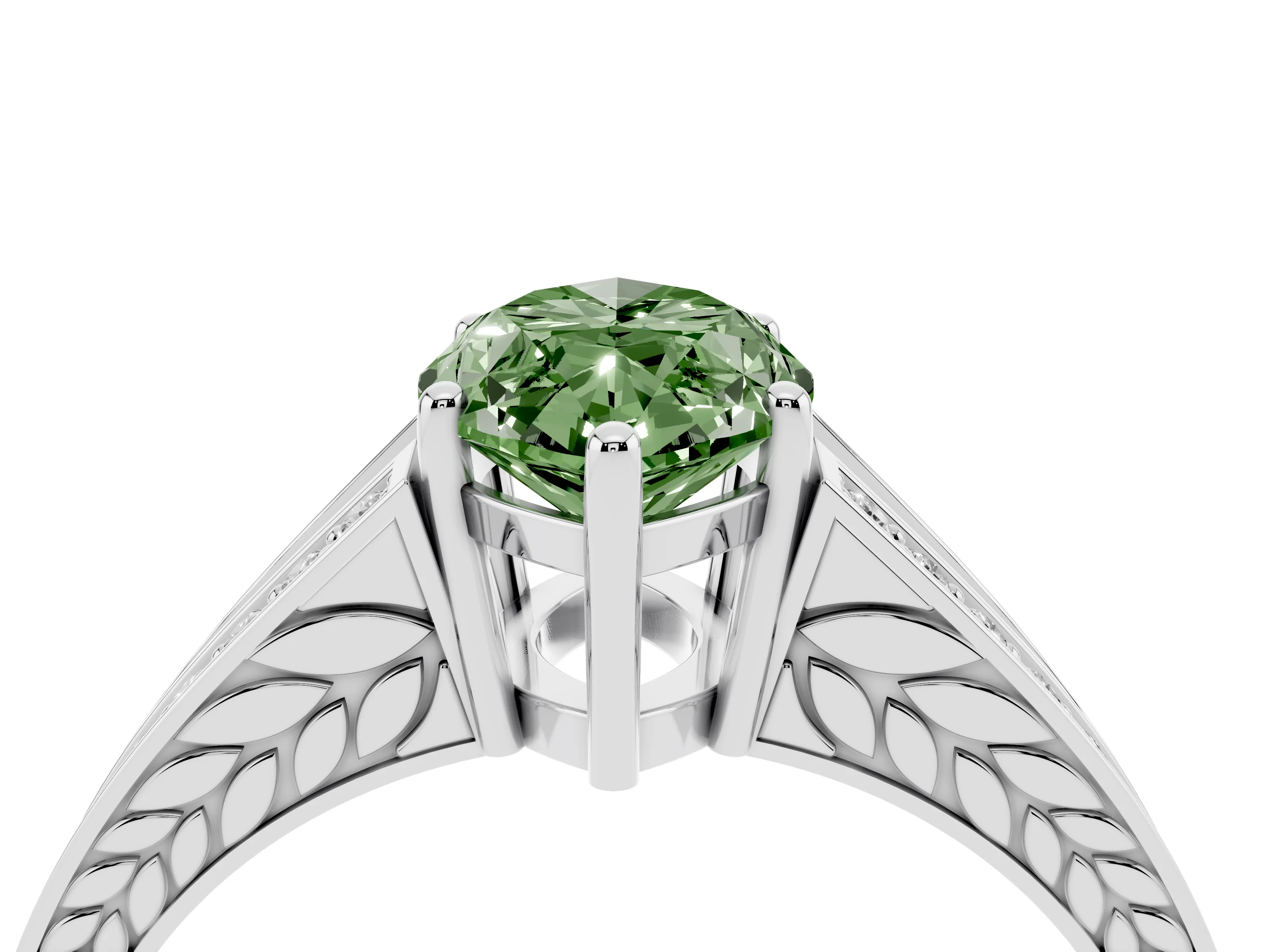 Fancy Green Marquise Cut Diamond Split Shank Ring Set in Platinum with Pavé Band and Prong Setting
