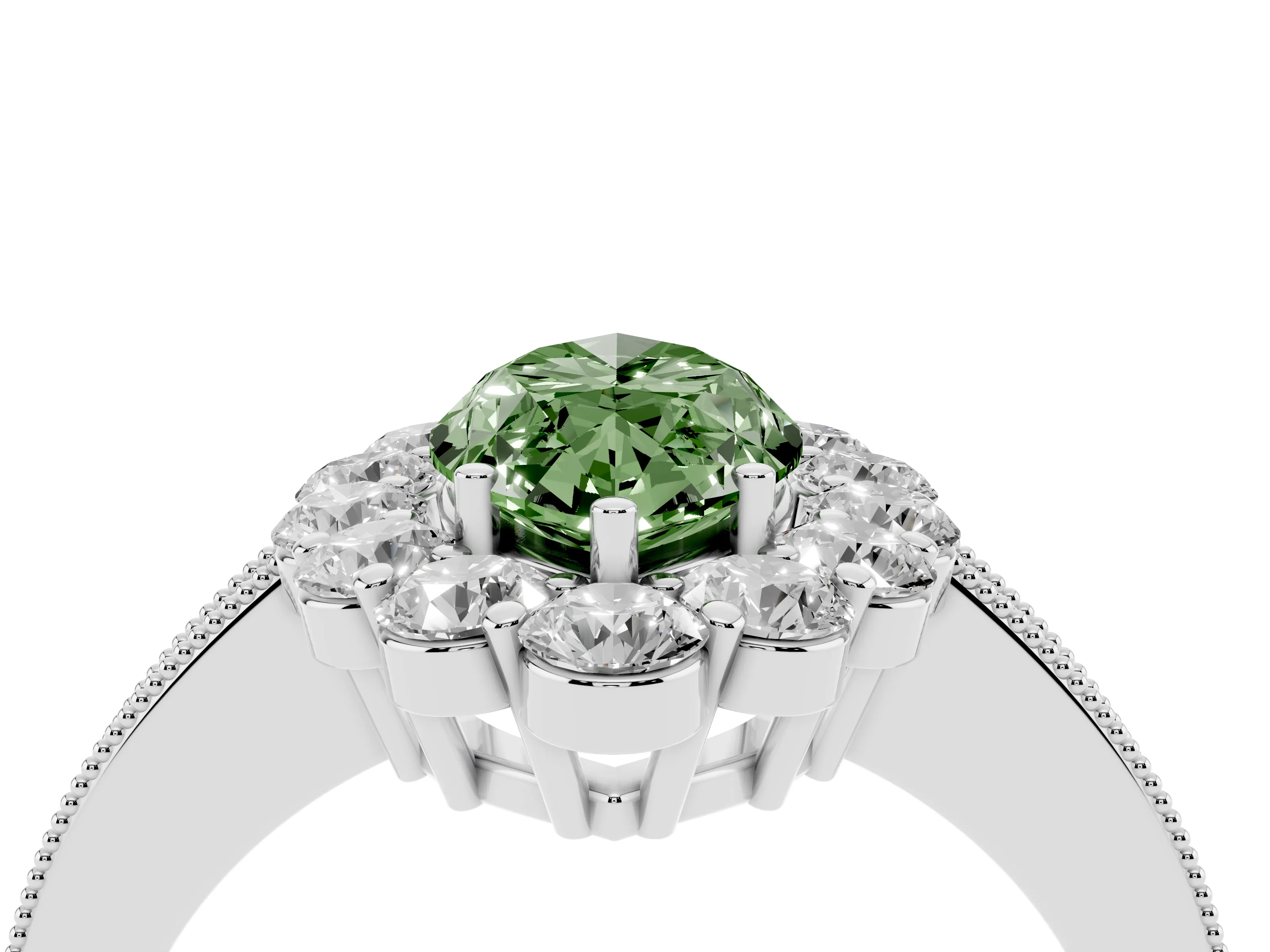 Fancy Green Marquise Cut Diamond Halo Pavé Engagement Ring Set in White gold with Milgrain Detailing