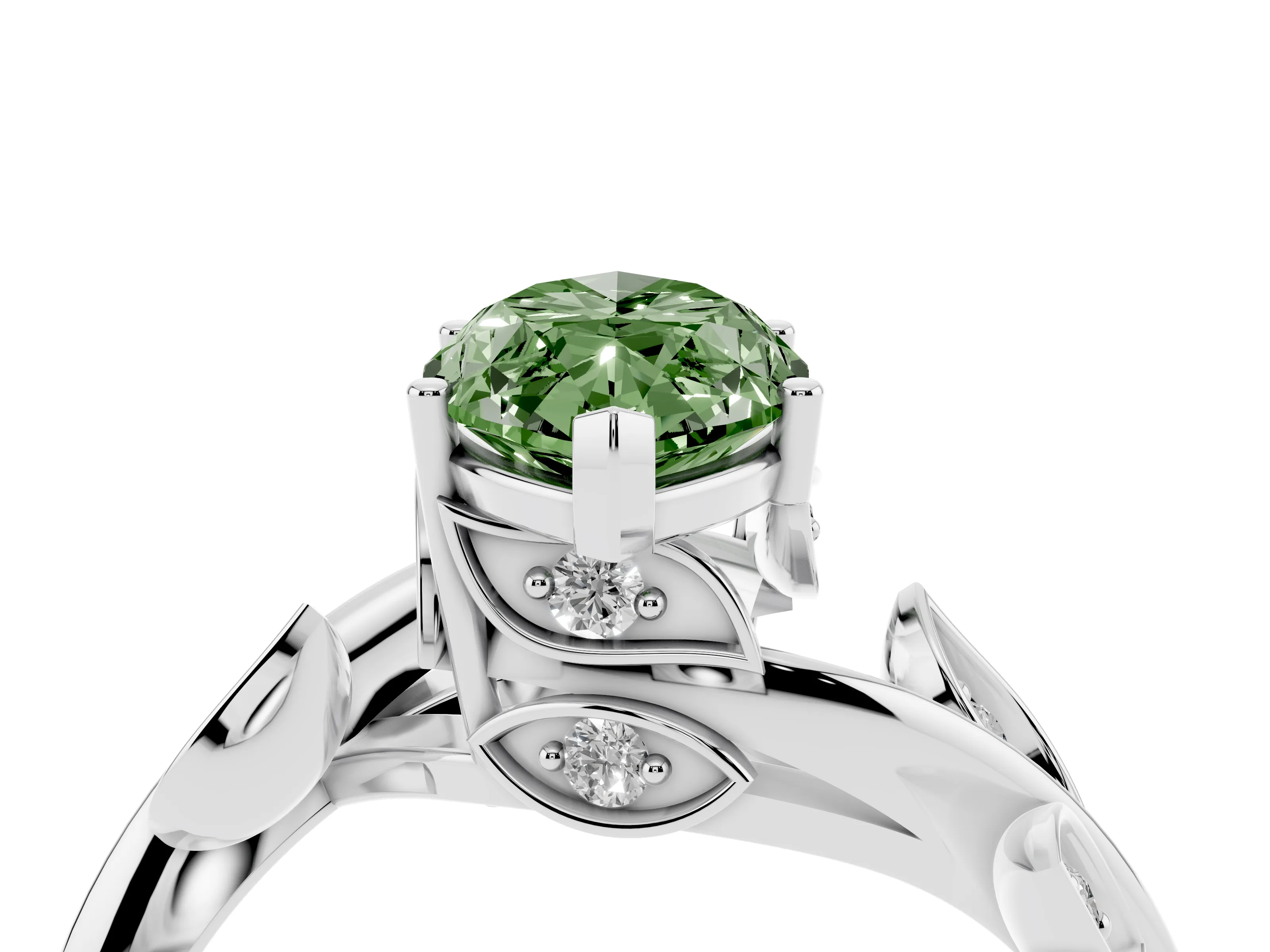 Fancy Green Marquise Cut Diamond Solitaire Twist Engagement Ring Set in White gold with Pavé Leaf Accents