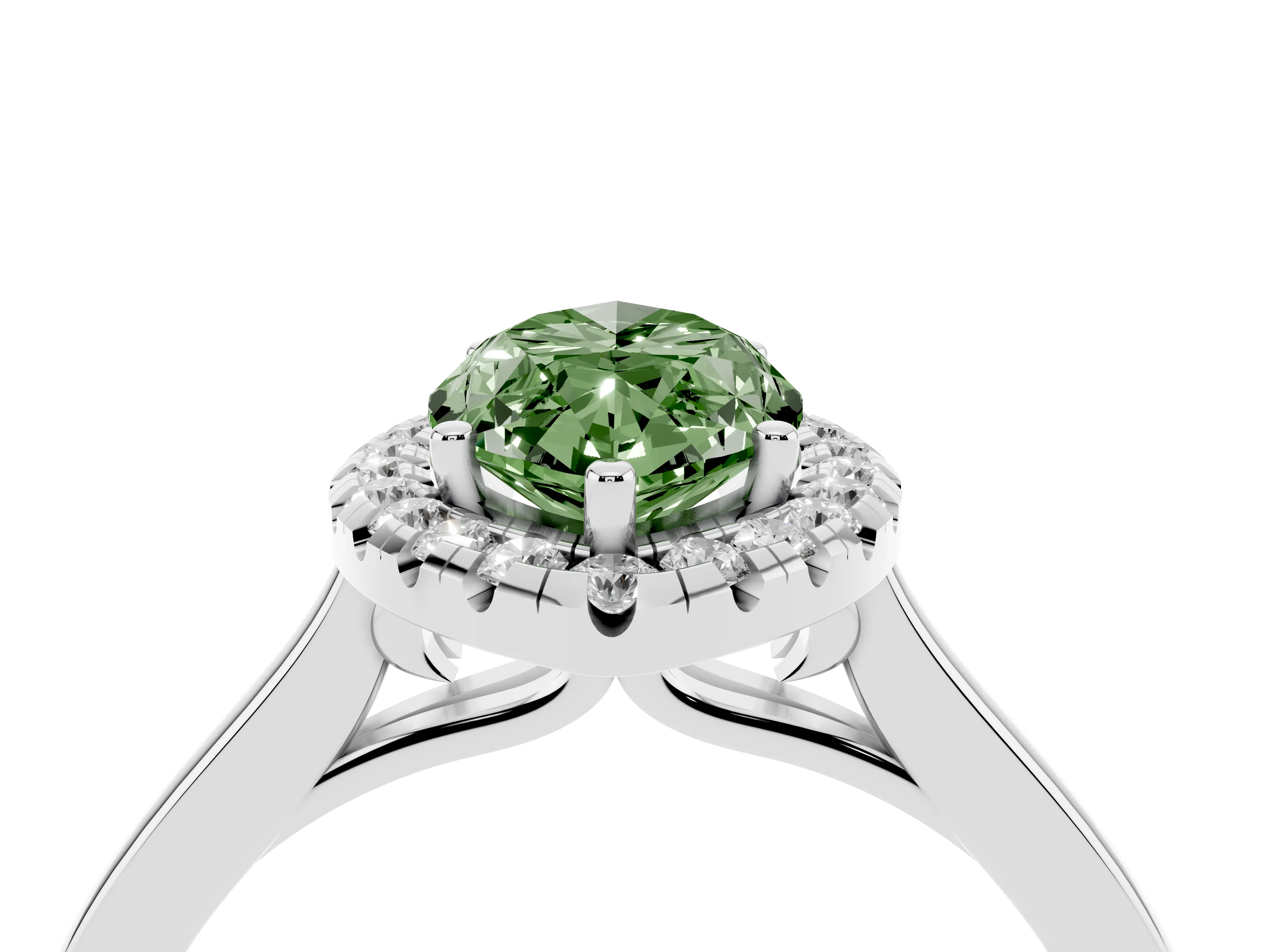 Fancy Green Marquise Cut Halo Round Diamond Solitaire Ring Set in Platinum with Pavé Band and Prong Setting