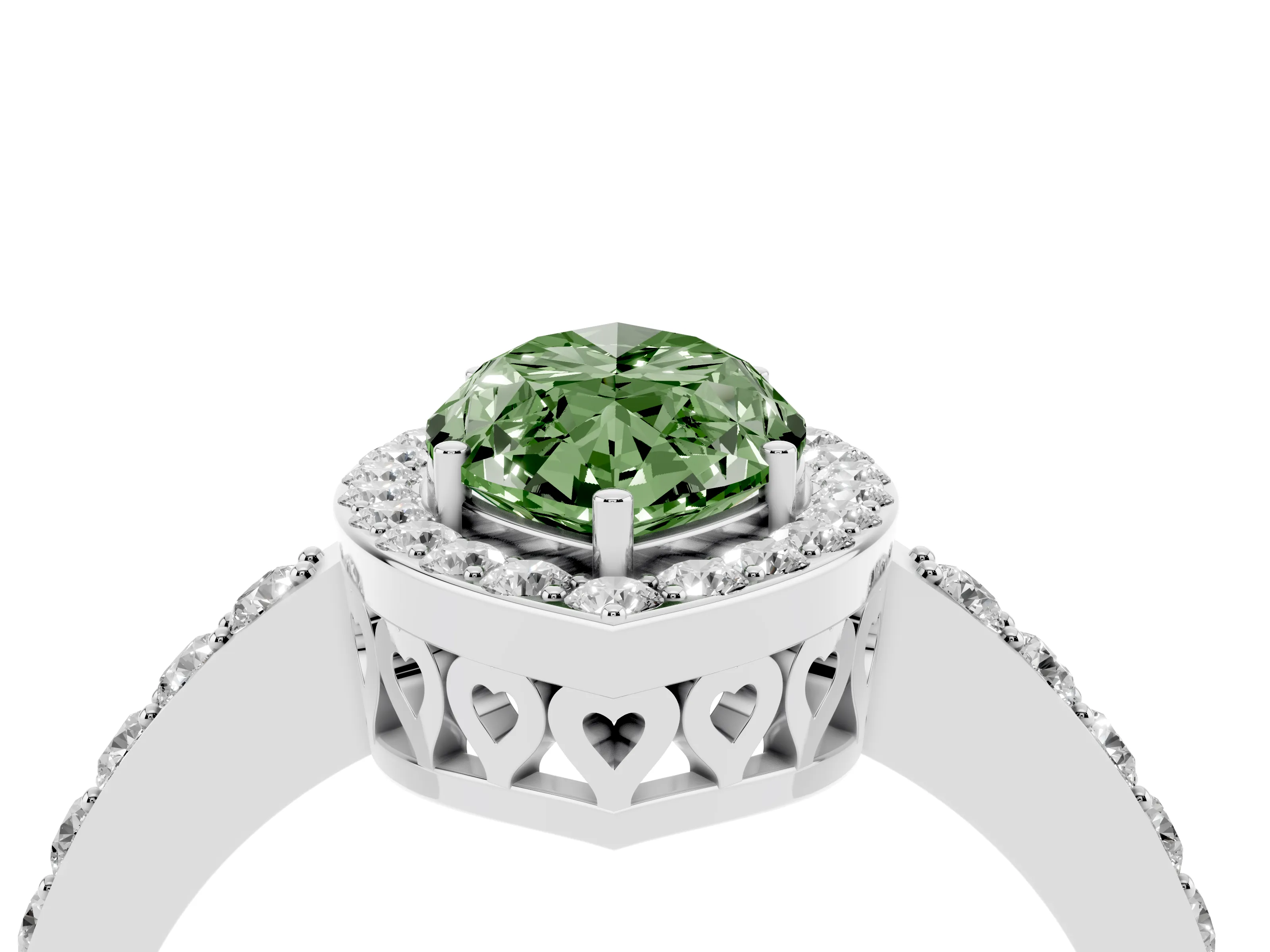 Fancy Green Marquise Cut Diamond Halo Ring Set in White gold with Pavé-Setting Band and Open Prong Center