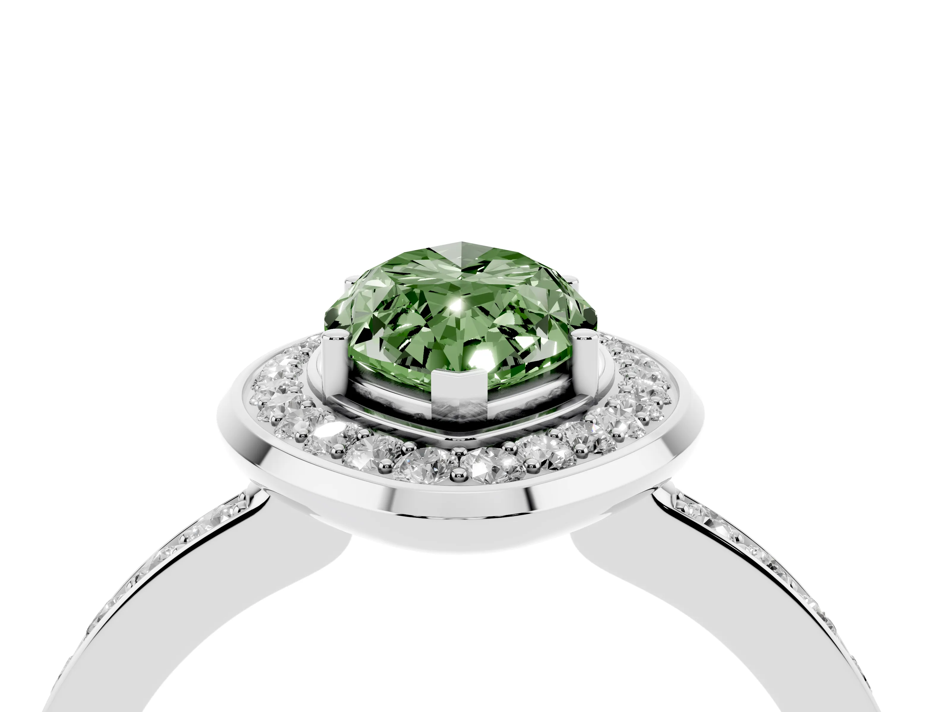 Fancy Green Marquise Cut Diamond Halo Ring Set in Silver with Bezel Frame and Pavé Band