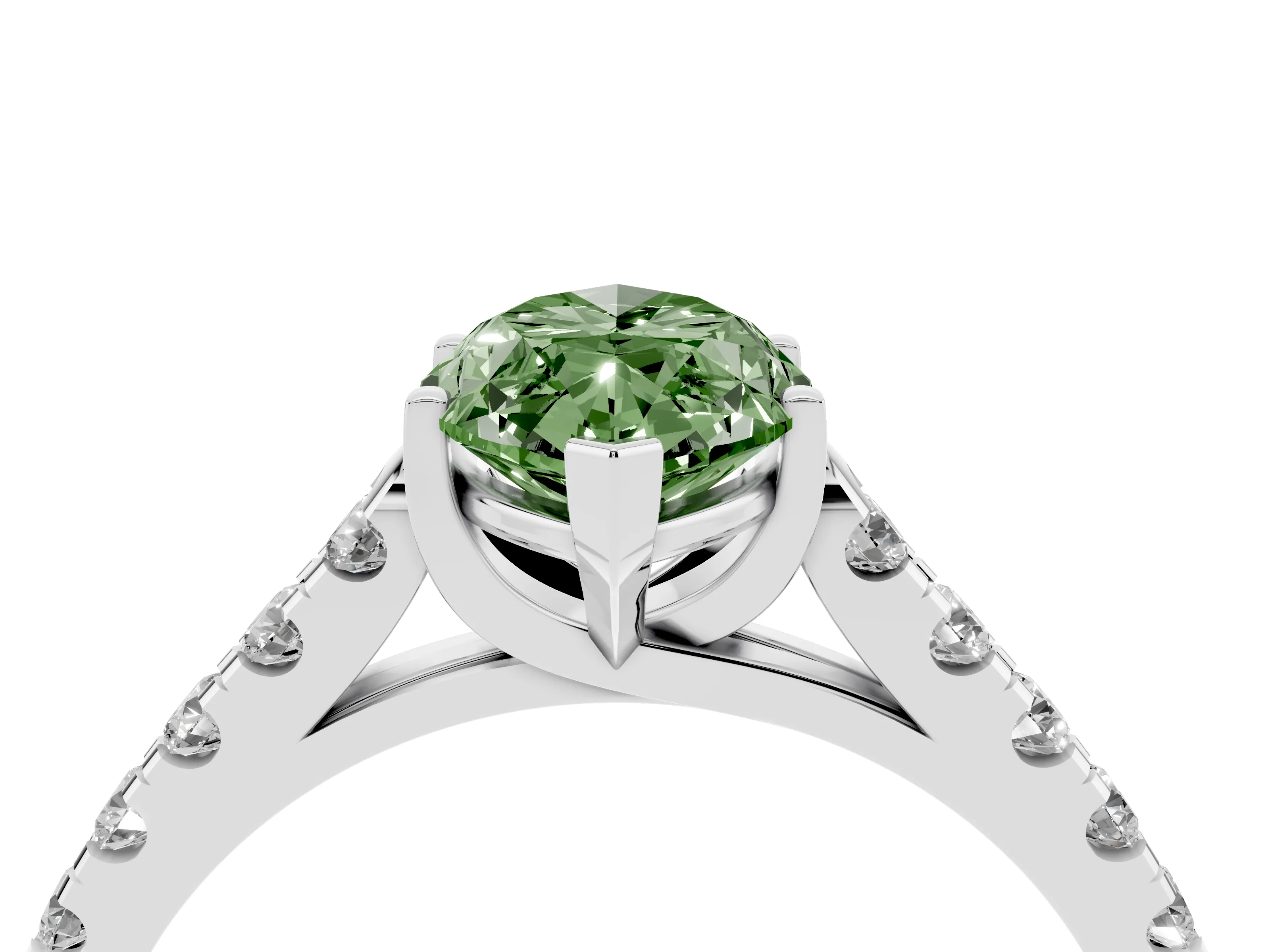Fancy Green Marquise Cut Diamond Pavé Band Solitaire Ring Set in White gold with Partway Accent Stones and Prong Setting