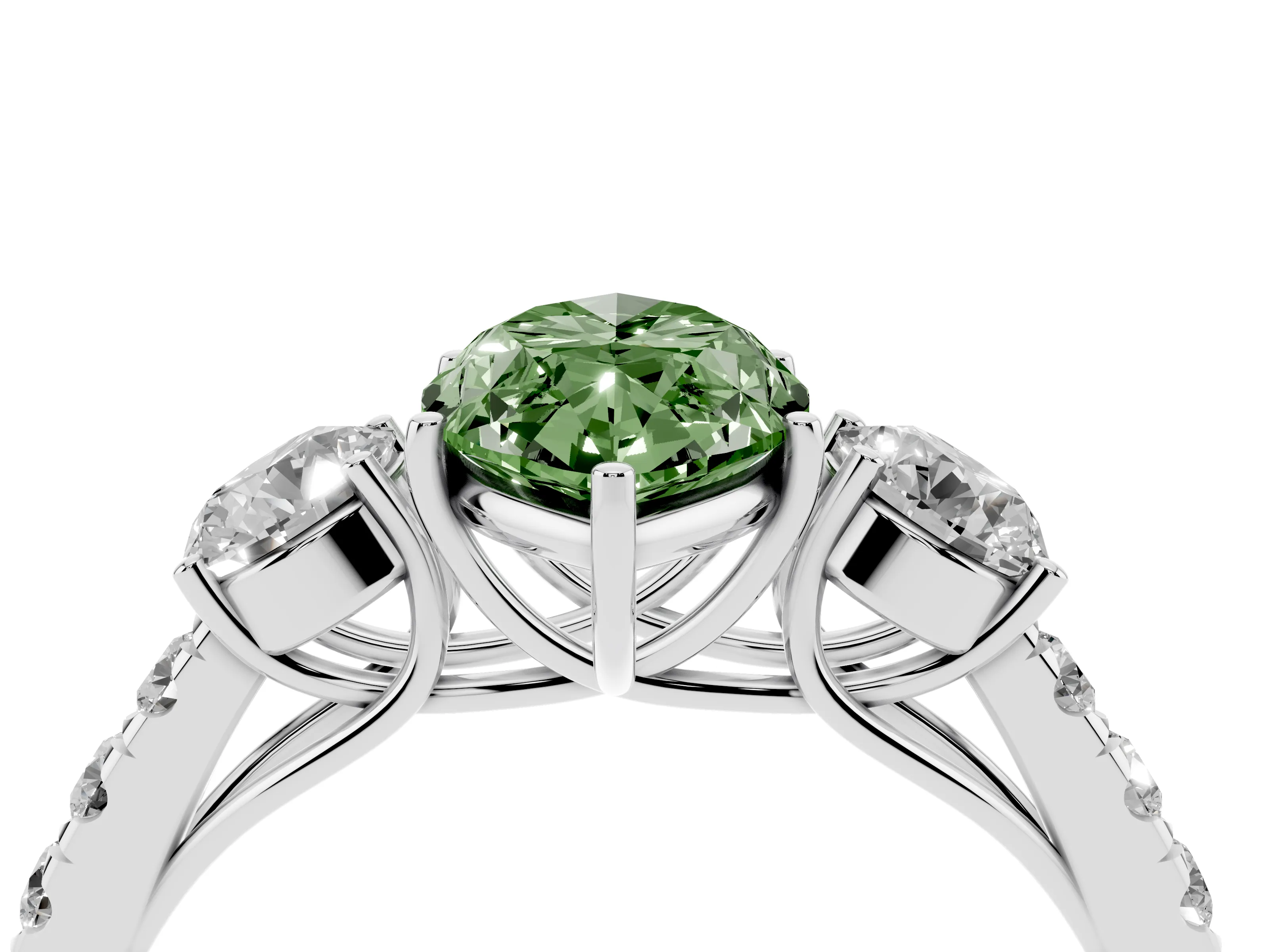 Fancy Green Marquise Cut Diamond Three-Stone Ring Set in Silver with Round Side Stones and Delicate Pavé Band