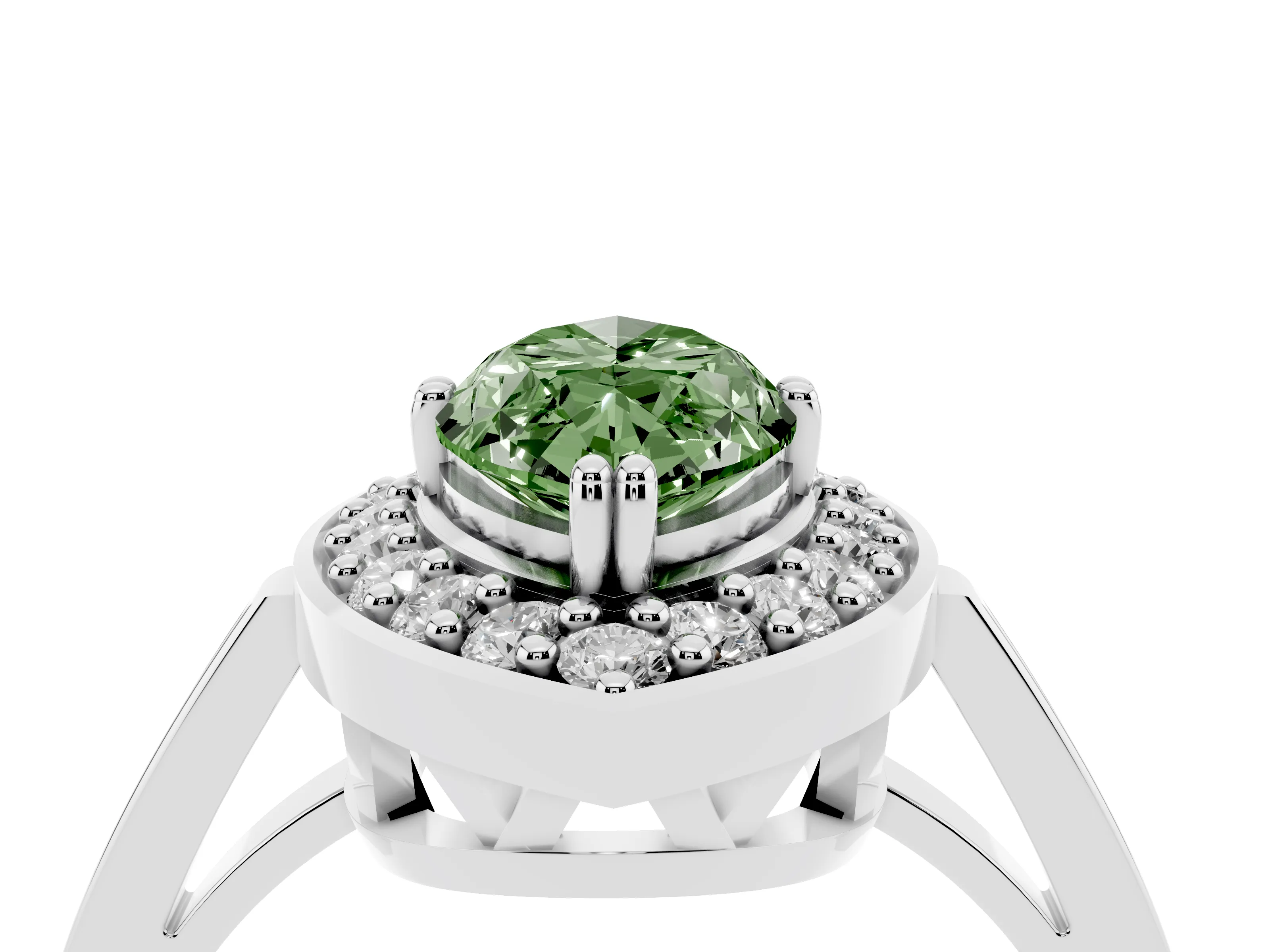 Fancy Green Marquise Cut Diamond Halo Ring Set in White gold with Accent-Lined Split Shank and Prong Setting