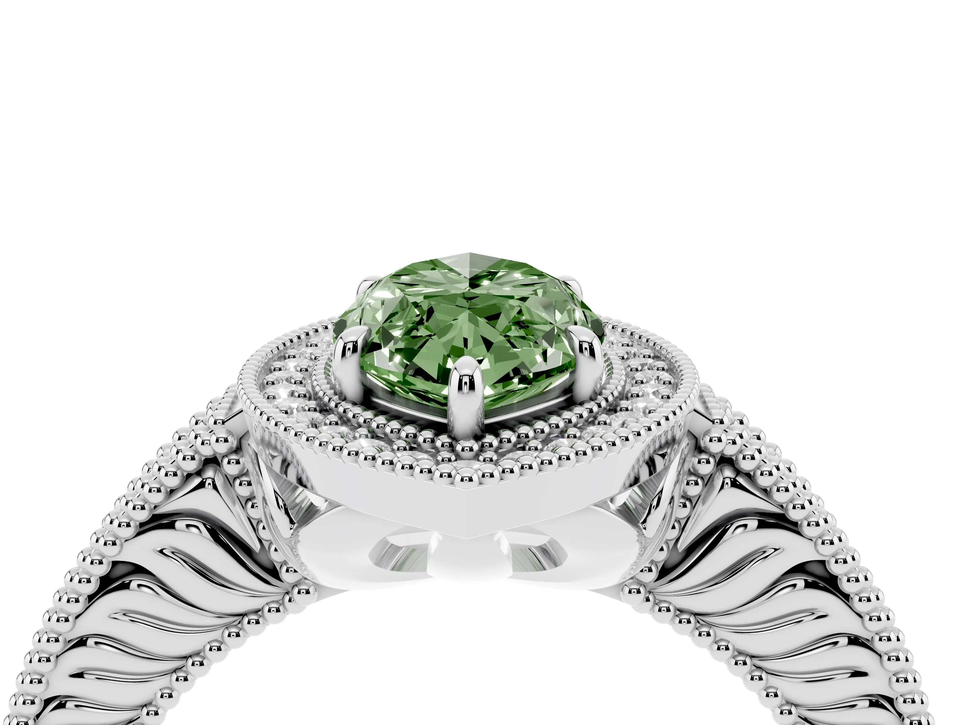 Fancy Green Marquise Cut Diamond Halo Ring Set in White gold with Round Accent Halo, Pavé Band and Prong Setting