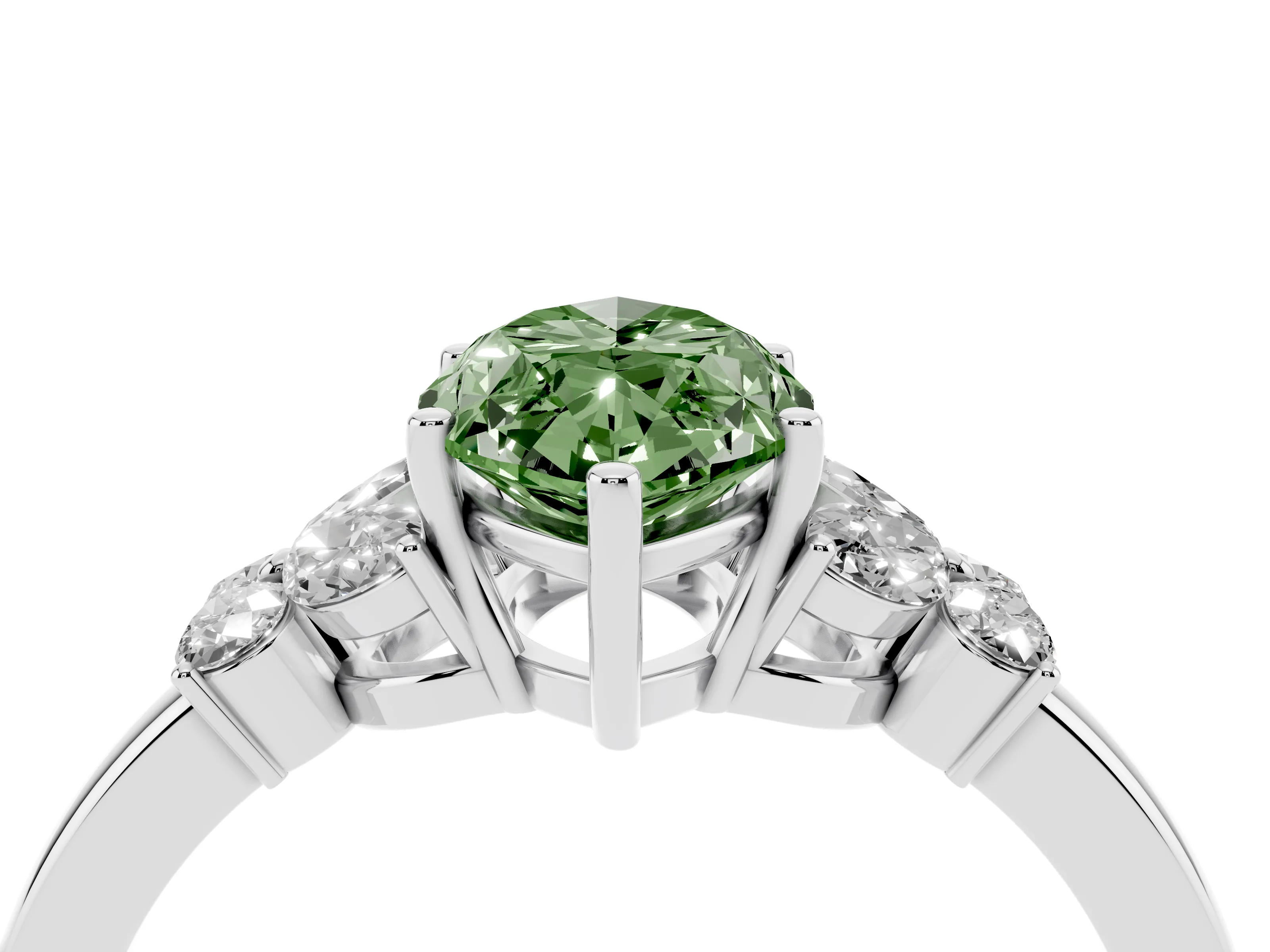 Fancy Green Marquise Cut Diamond Solitaire Floral Ring Set in Platinum with Marquise Petals and Prong Setting