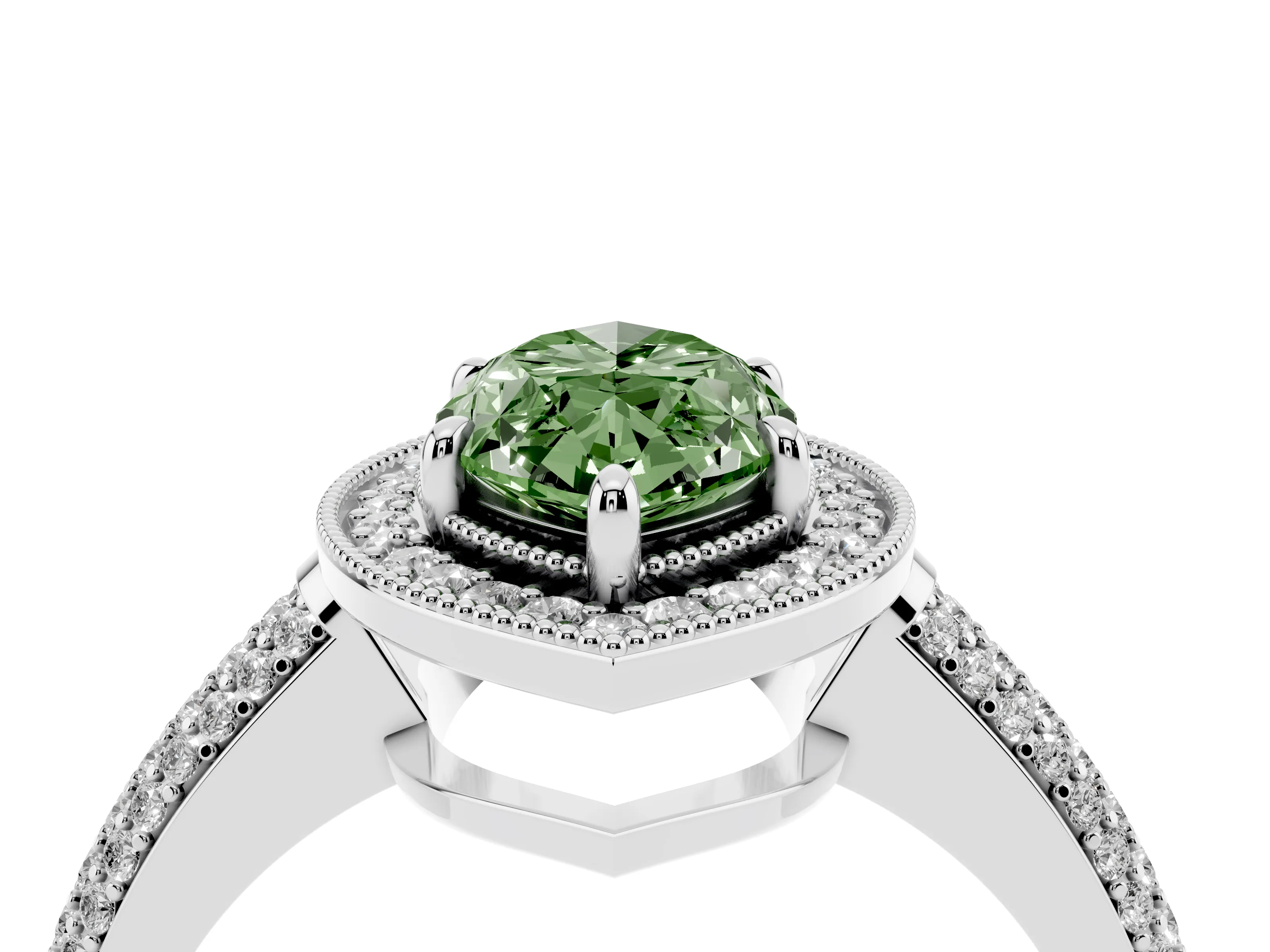 Fancy Green Marquise Cut Diamond Halo Pavé Band Set in White gold with Prong Setting