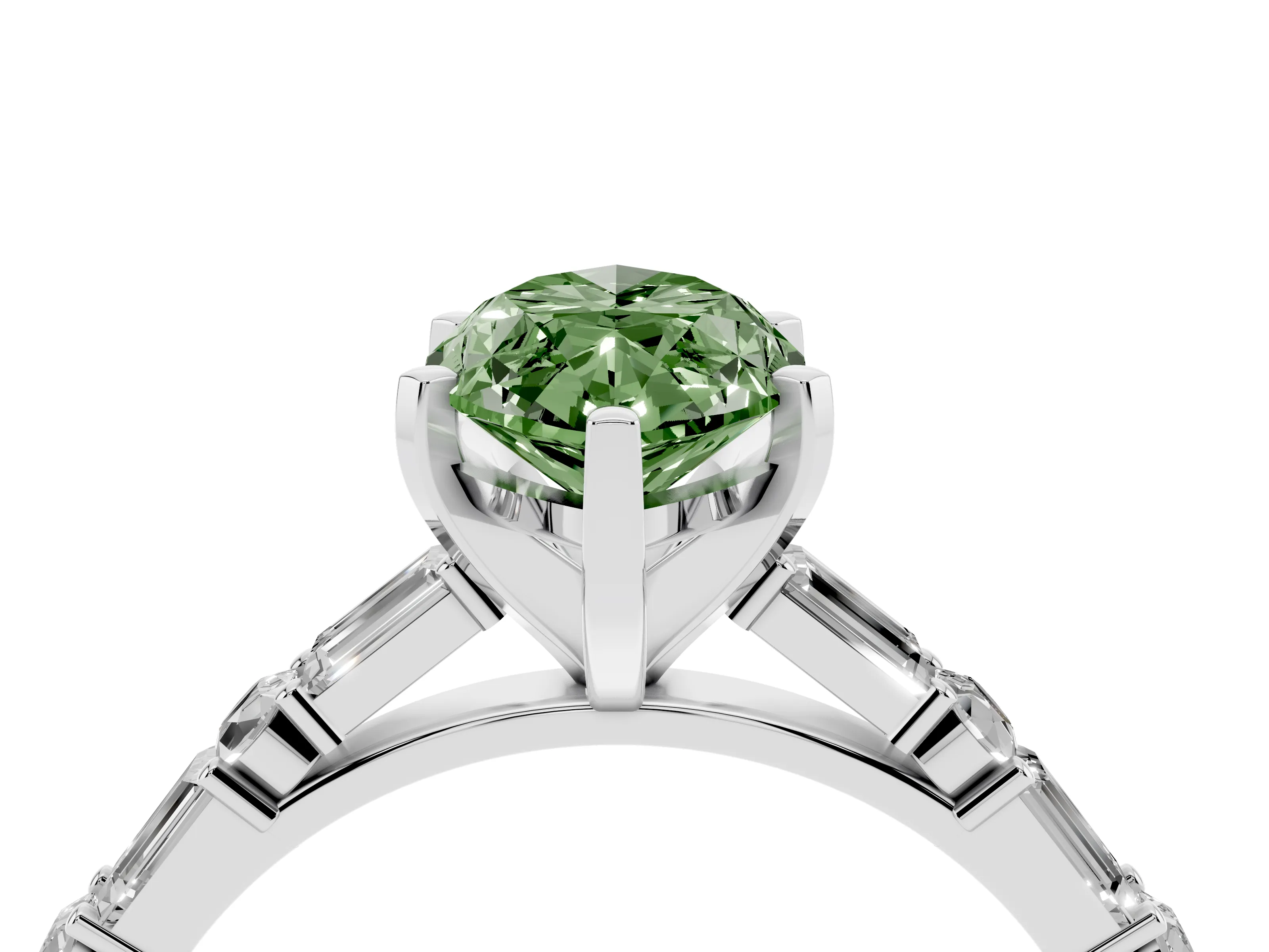 Fancy Green Marquise Cut Diamond Solitaire Set in Platinum with Side Baguettes and Channel Set Band