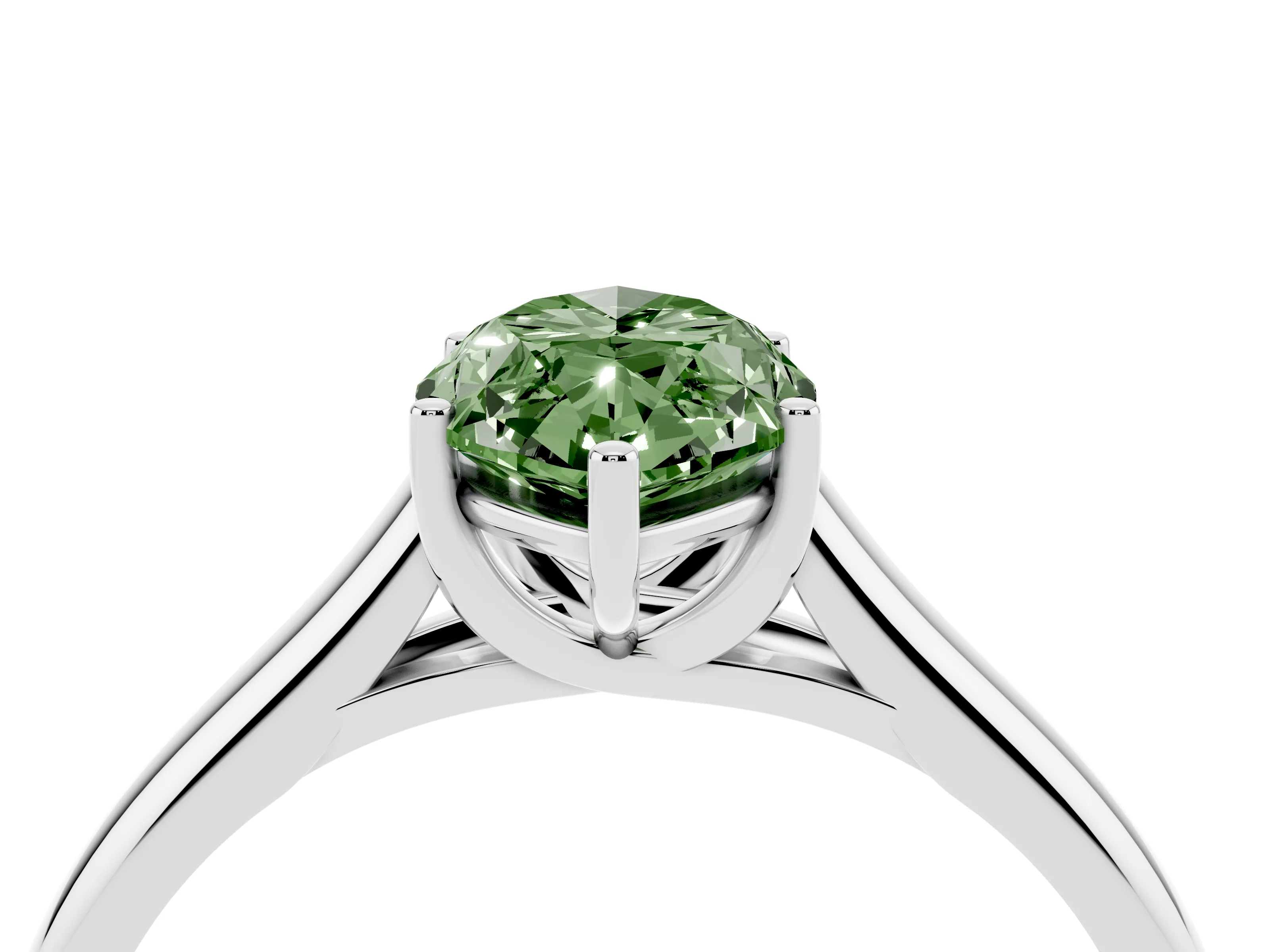 Fancy Green Marquise Cut Diamond Solitaire Engagement Ring Set in White gold with Subtly Tapered Band and Prong Setting