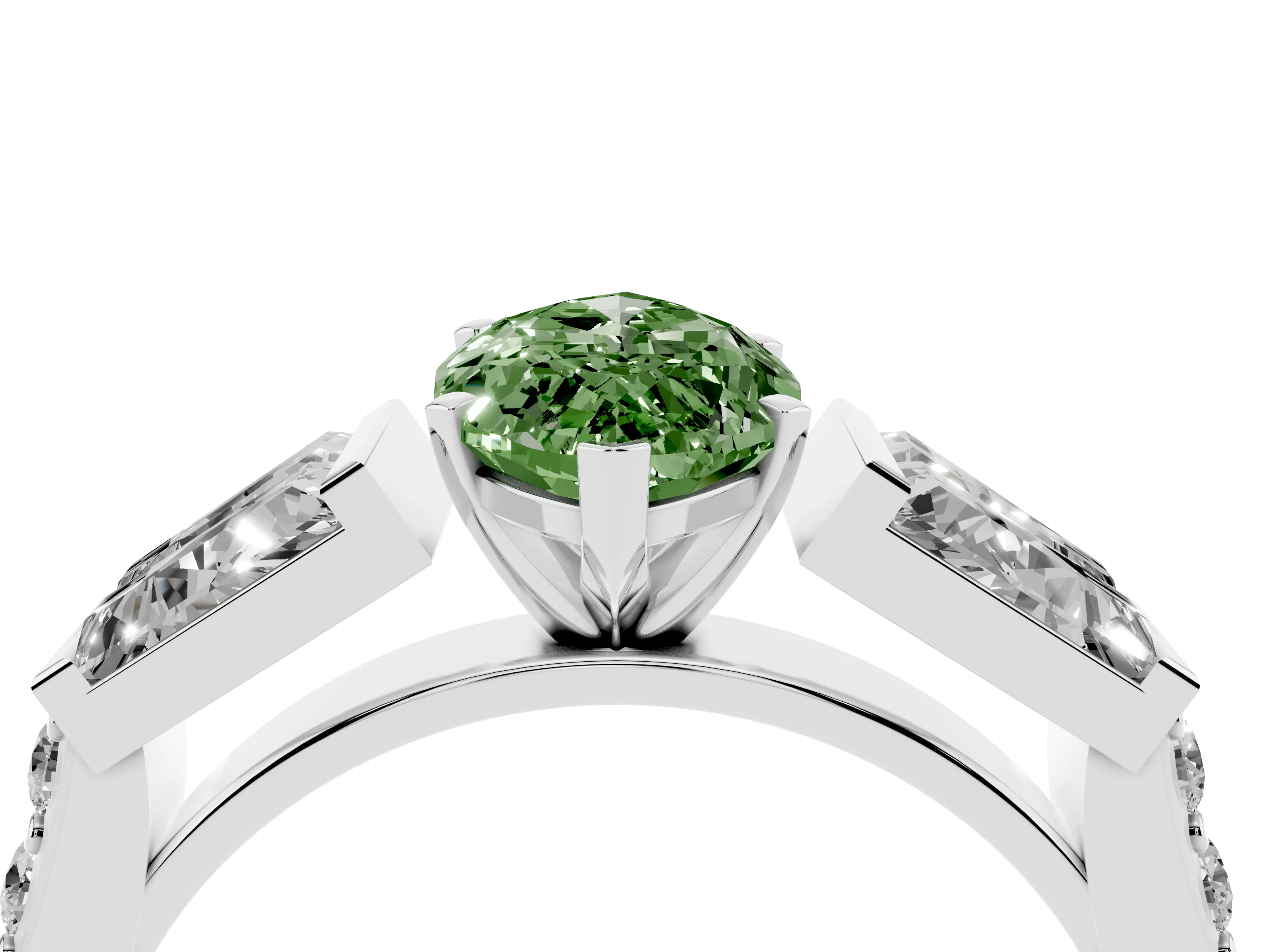 Fancy Green Marquise Cut Diamond Engagement Ring Set in White gold with Baguette Side Stones and Channel Set Band