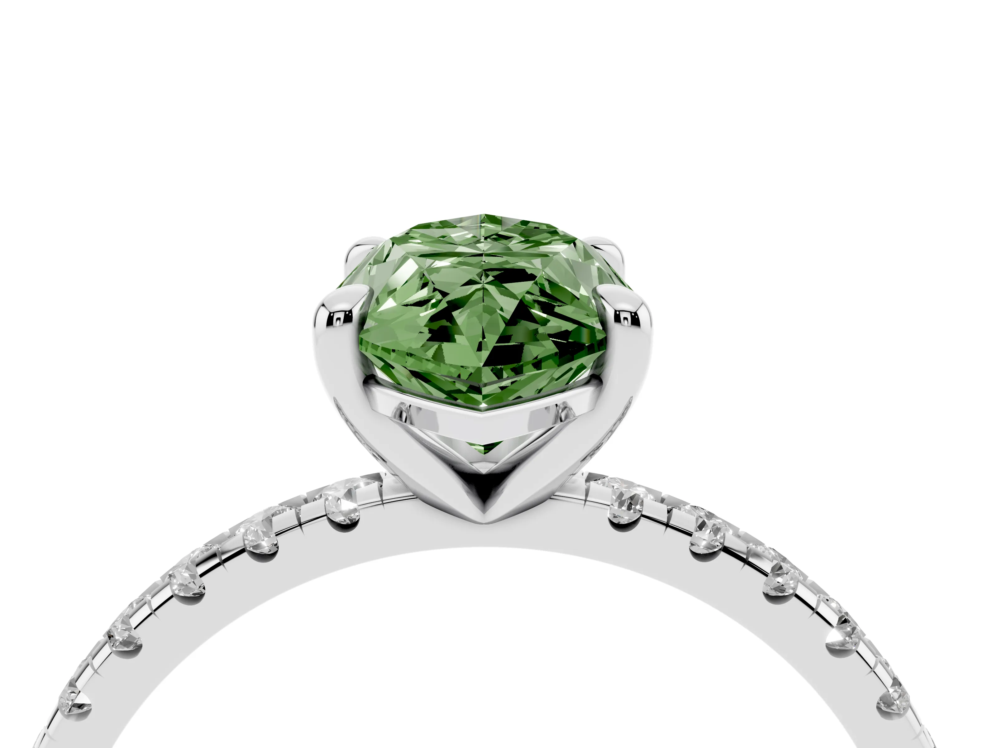 Fancy Green Marquise Cut Diamond Brilliant Solitaire Ring Set in White gold with Pavé Band and Prong Setting