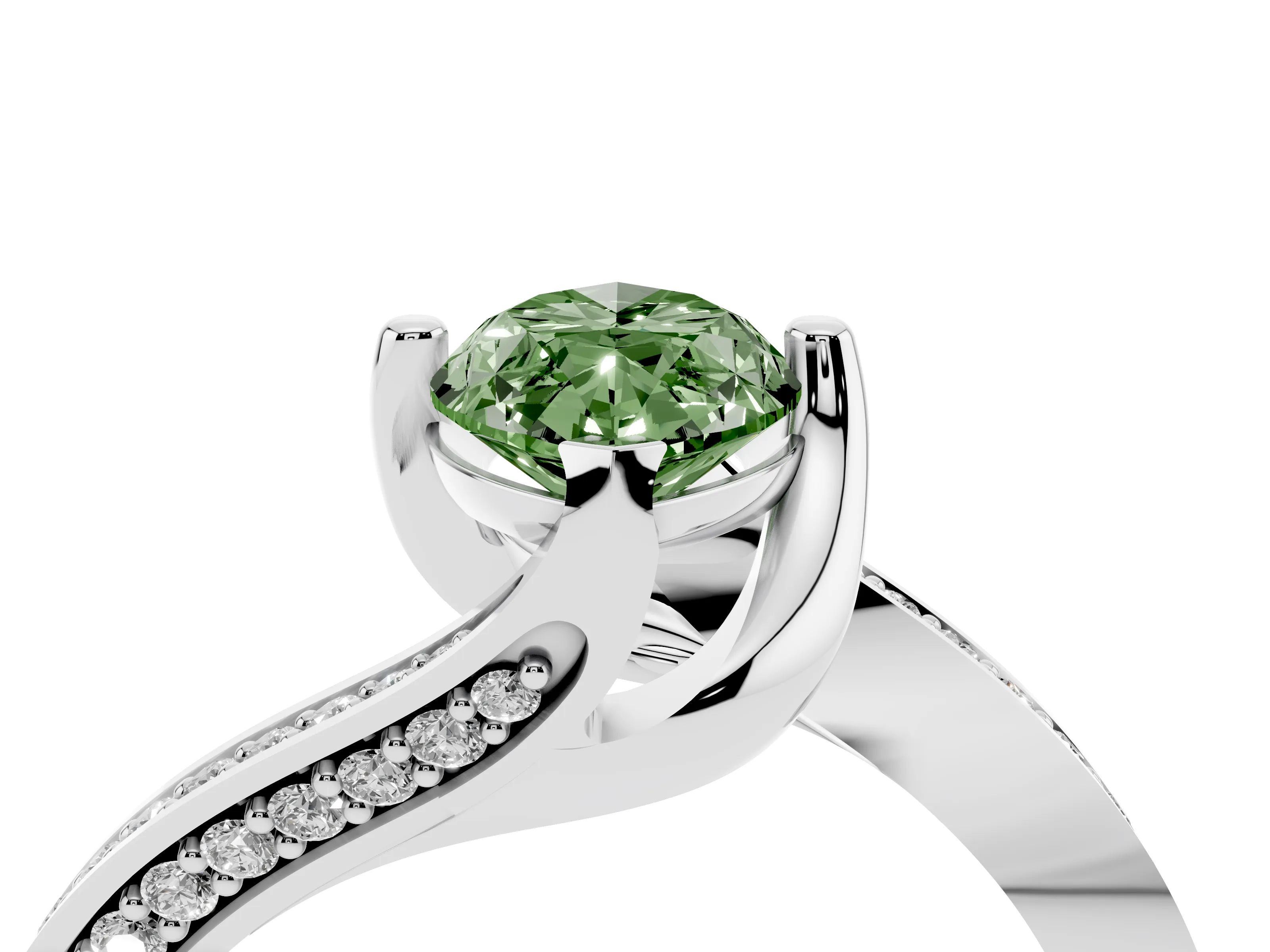 Fancy Green Marquise Cut Diamond Solitaire Ring Set in Silver with Intertwined Pavé Twist Band