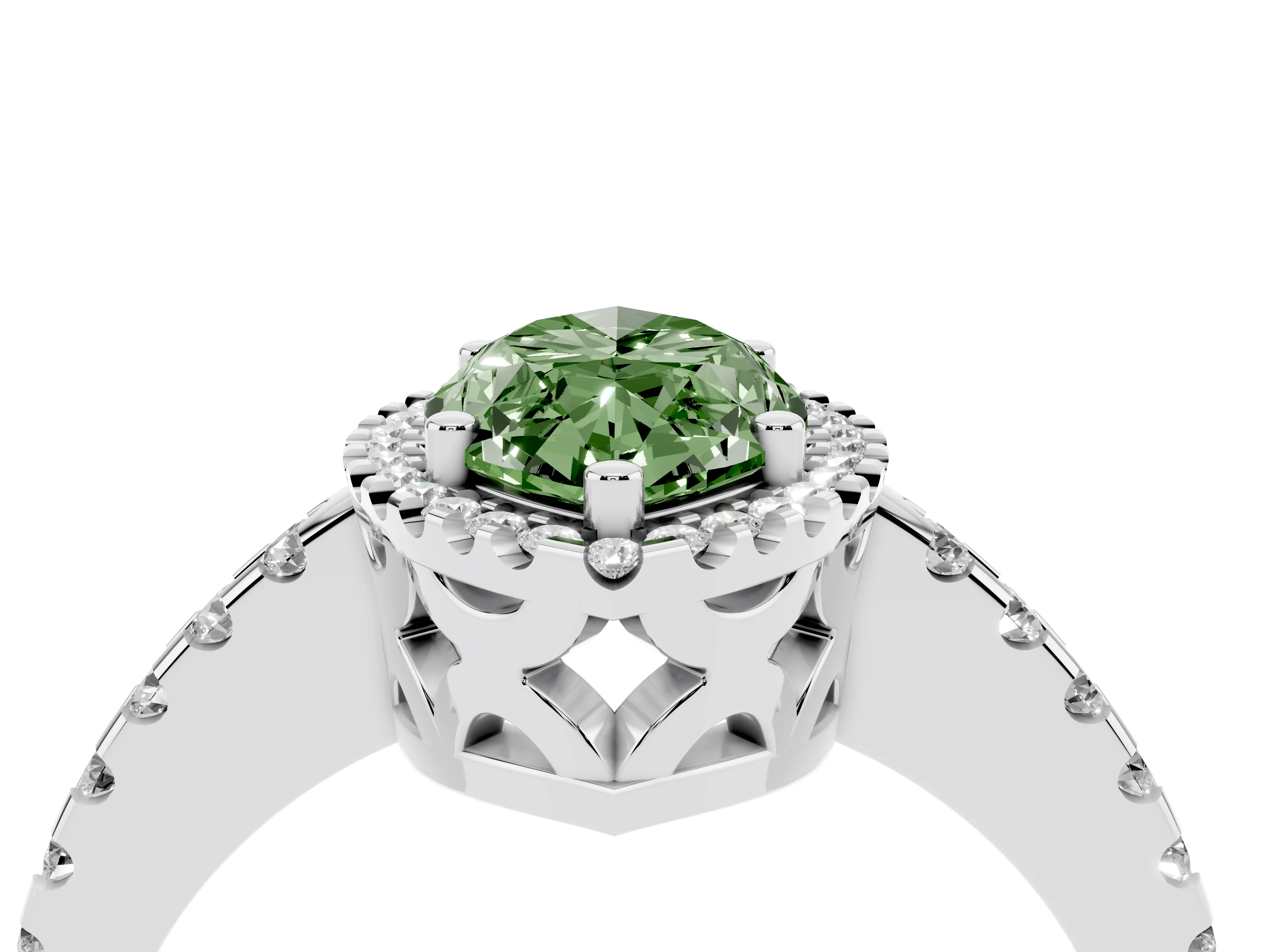 Fancy Green Marquise Cut Diamond Halo Ring Set in White gold with Pavé Shoulders and Halo-Framed Center
