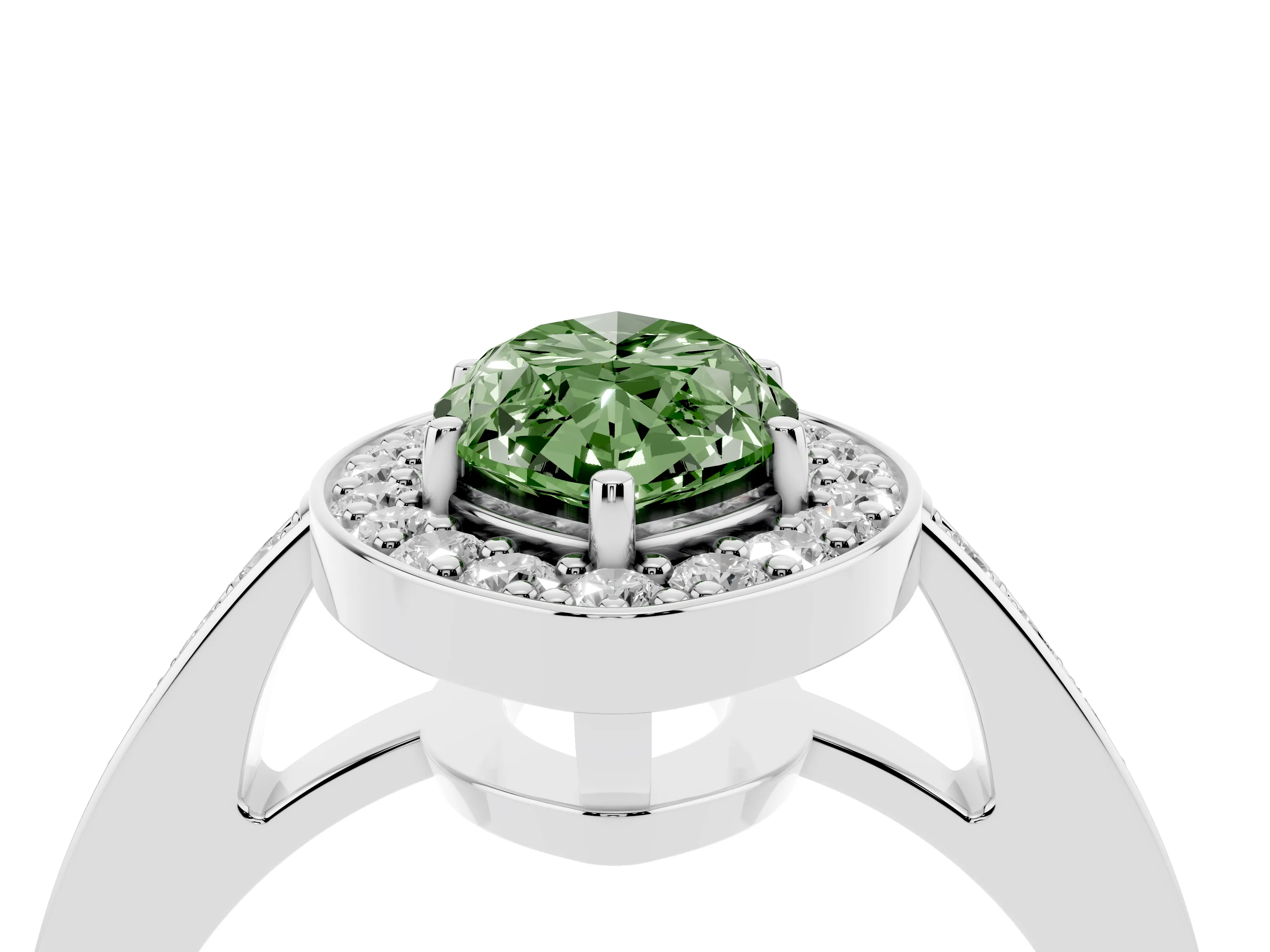 Fancy Green Marquise Cut Diamond Halo Pavé Engagement Ring Set in White gold with Bezel Setting
