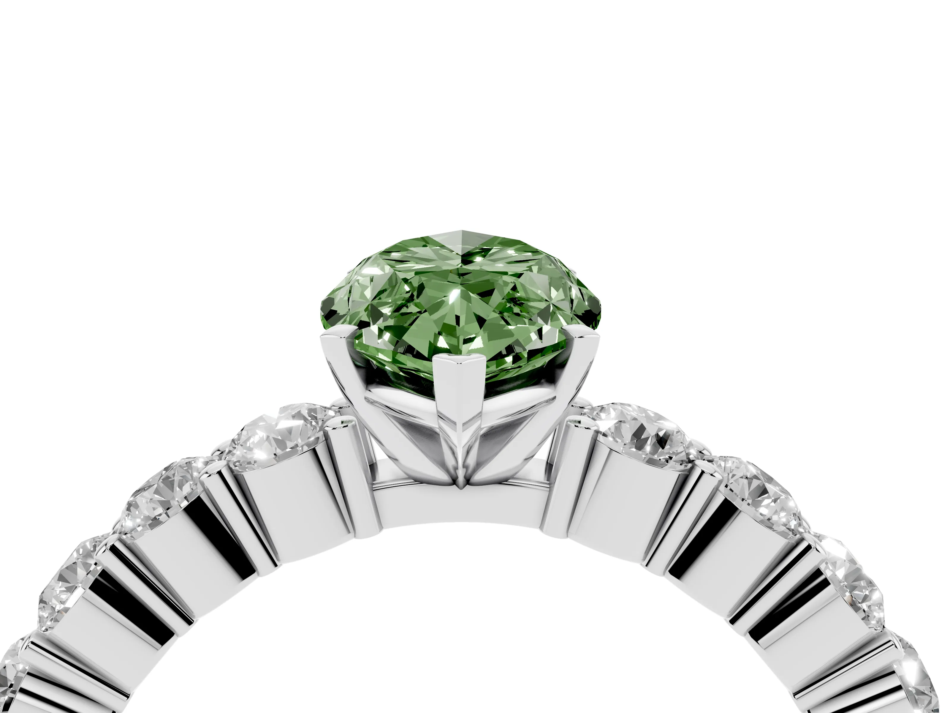 Fancy Green Marquise Cut Diamond Solitaire Ring Set in Silver with Shared Prong Round Side Stones