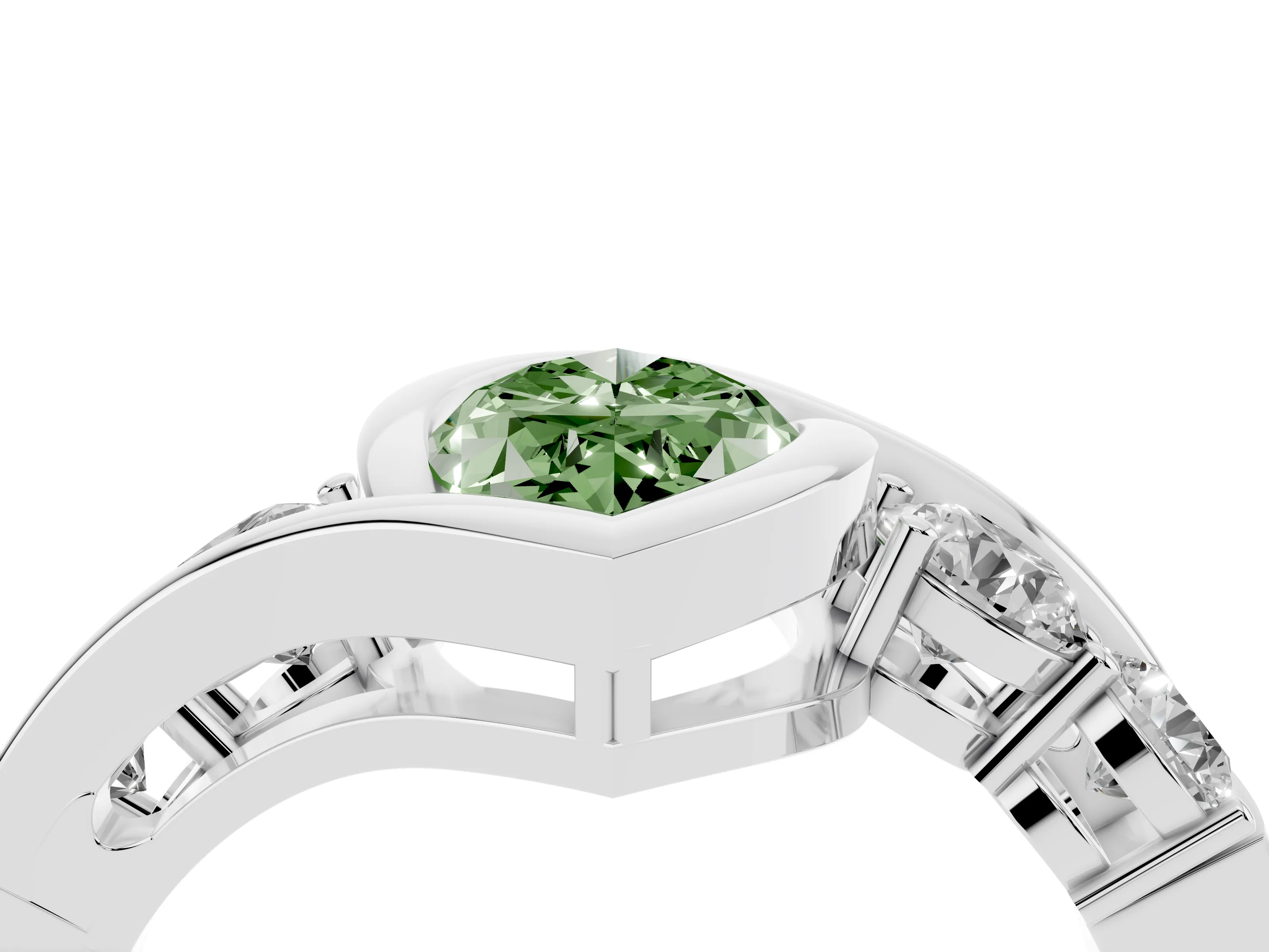Fancy Green Marquise Cut Diamond Bezel Bypass Ring Set in Silver with Round Accents