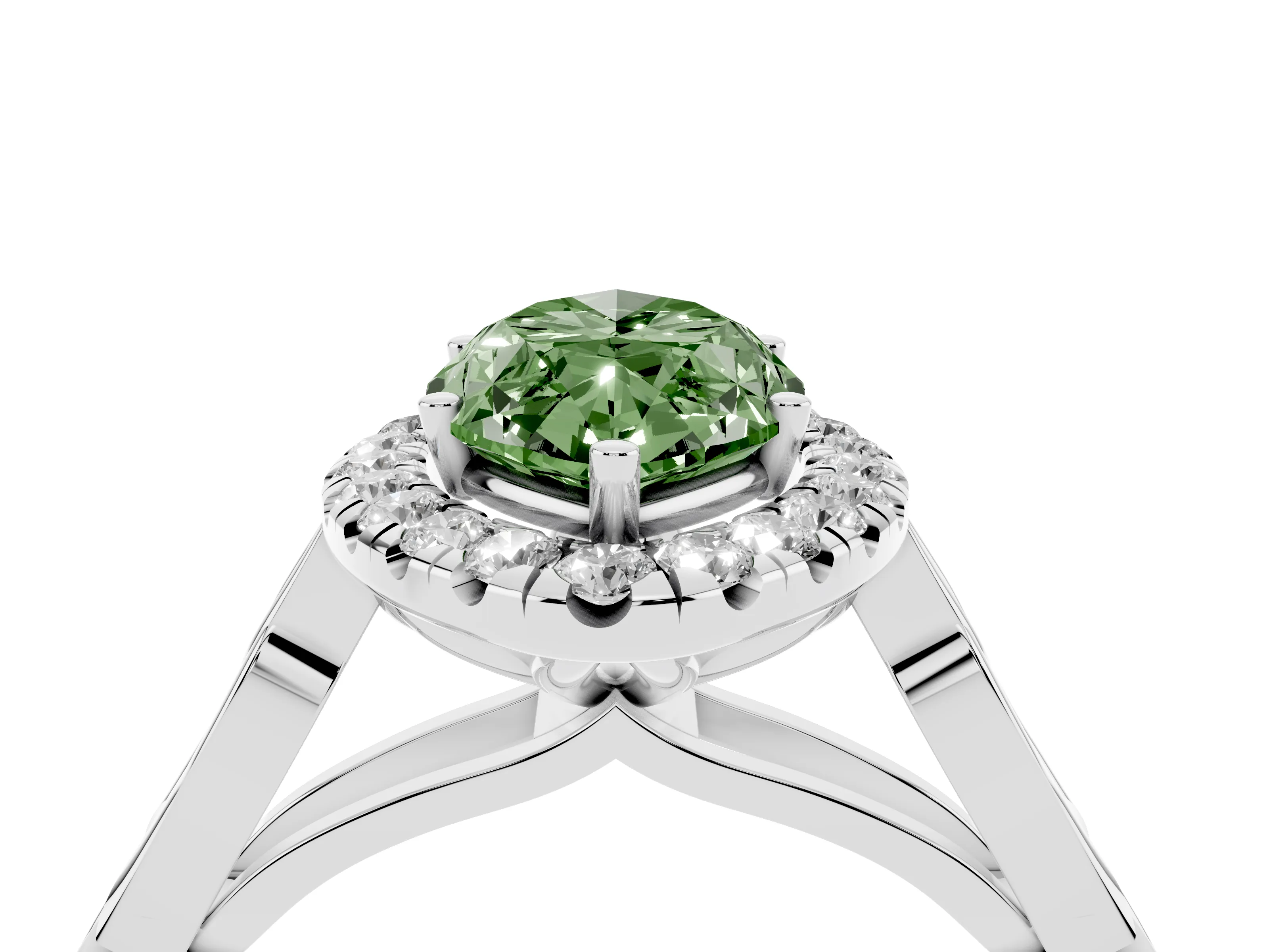 Fancy Green Marquise Cut Diamond Halo Engagement Ring Set in White gold with Filigree Band and Prong-Set Center