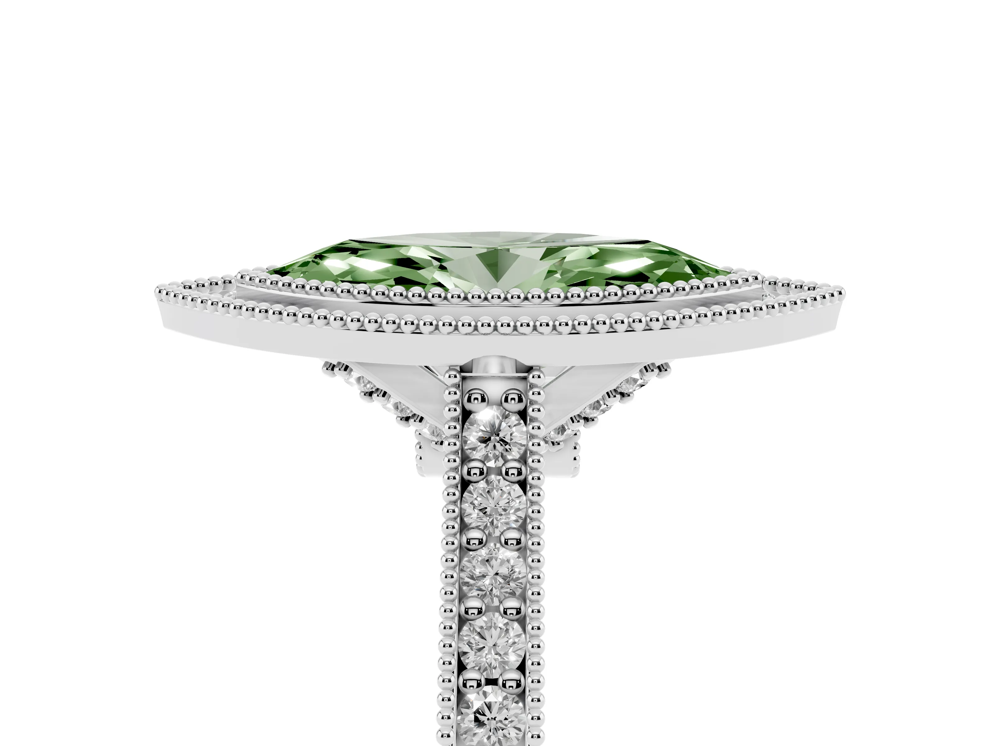 Fancy Green Marquise Cut Diamond Halo Milgrain Pavé Band Ring Set in Platinum with Prong Setting
