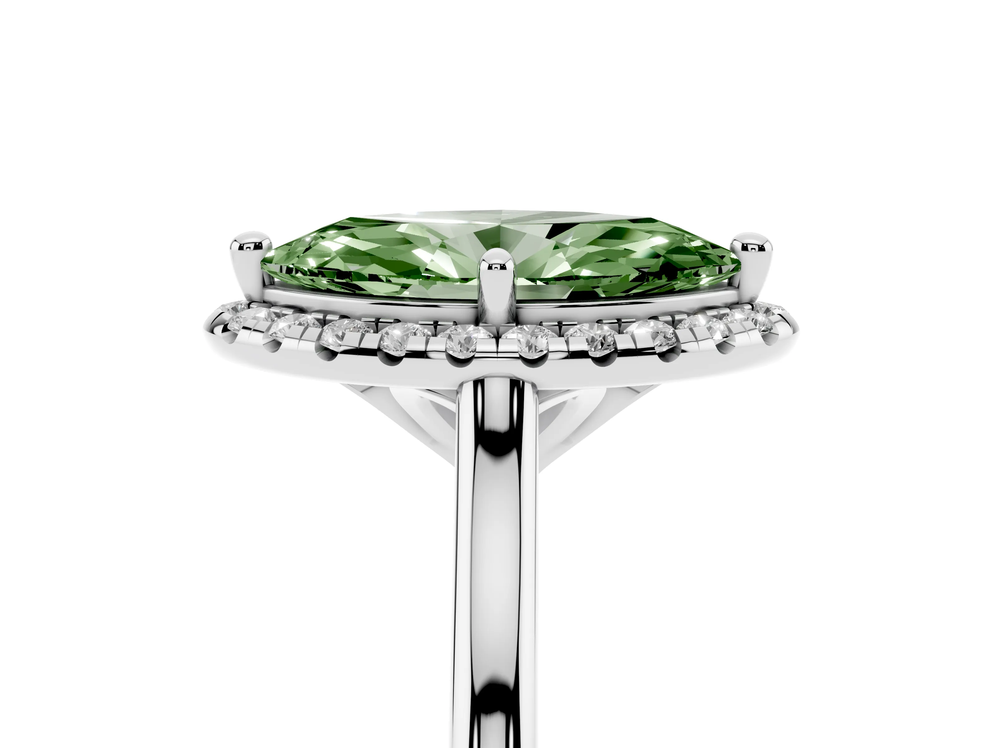 Fancy Green Marquise Cut Diamond Halo Engagement Ring Set in Platinum with Pavé Band and Rising Shoulders