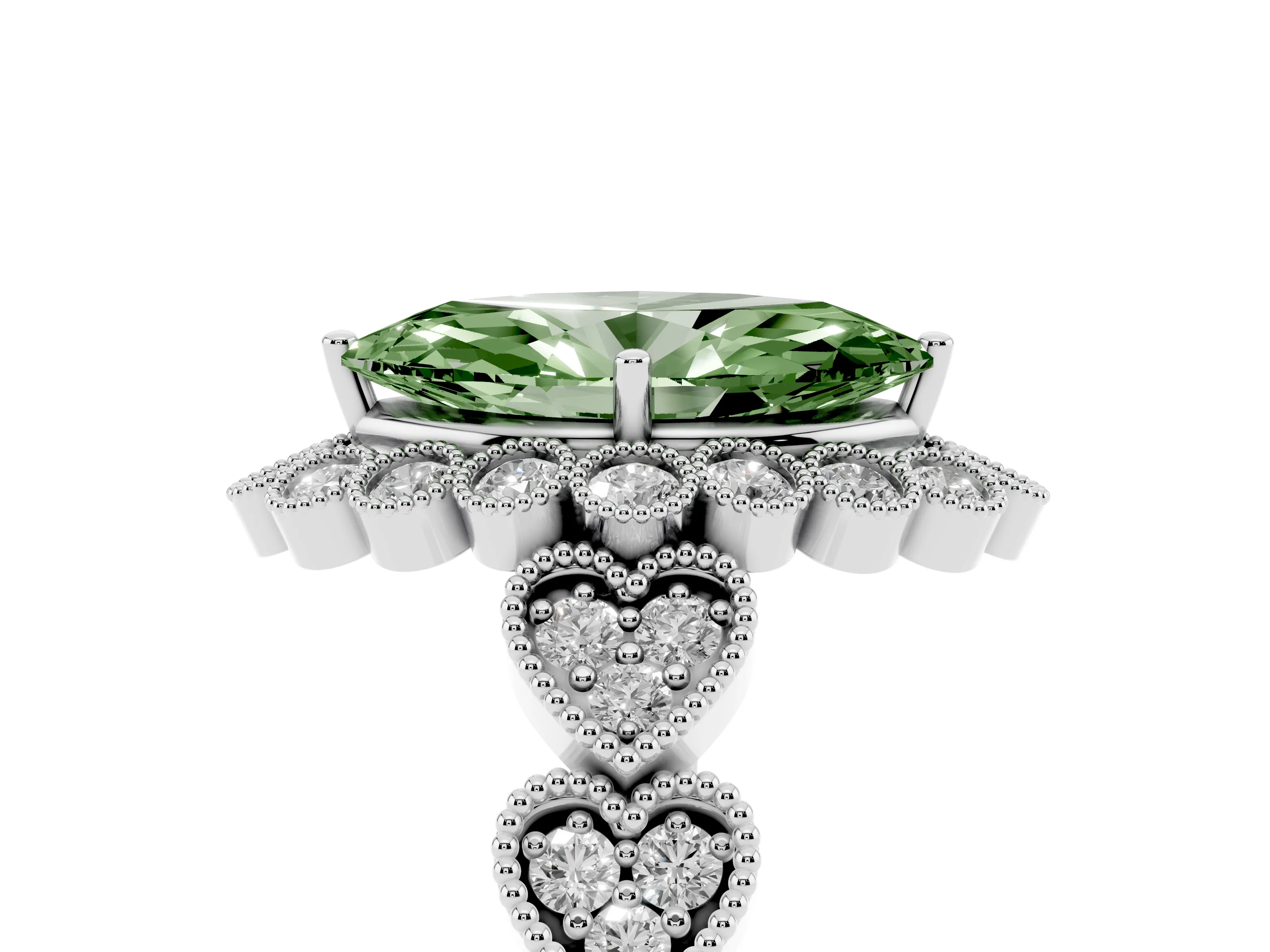Fancy Green Marquise Cut Diamond Solitaire Ring Set in Platinum with Milgrain Pavé Heart Band