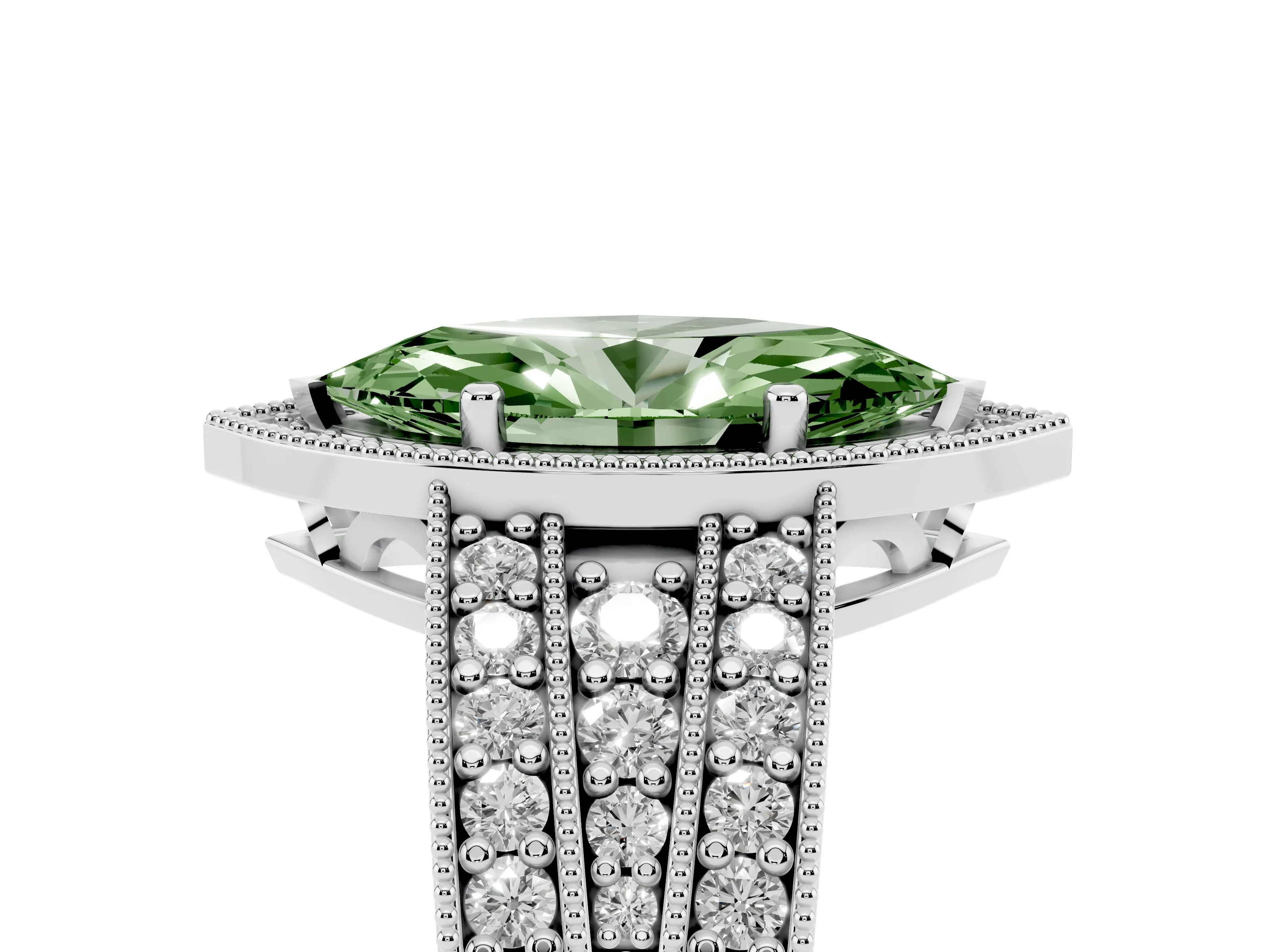Fancy Green Marquise Cut Diamond Halo Ring Set in Silver with Accent Split Shank and Prong Setting