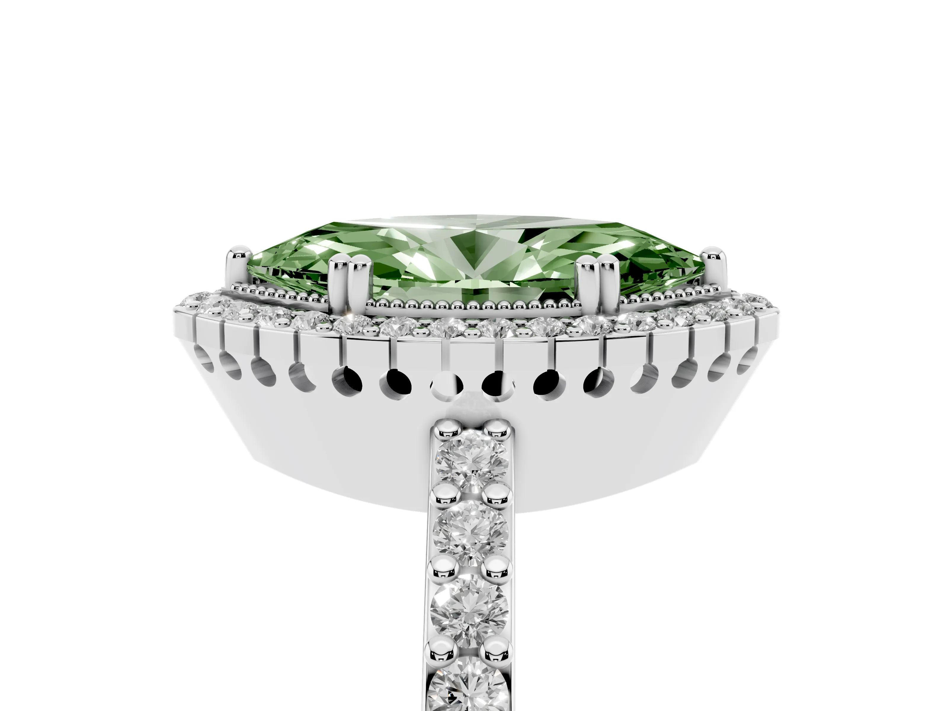 Fancy Green Marquise Cut Diamond Halo Engagement Ring Set in White gold with Milgrain Detail and Pavé Band