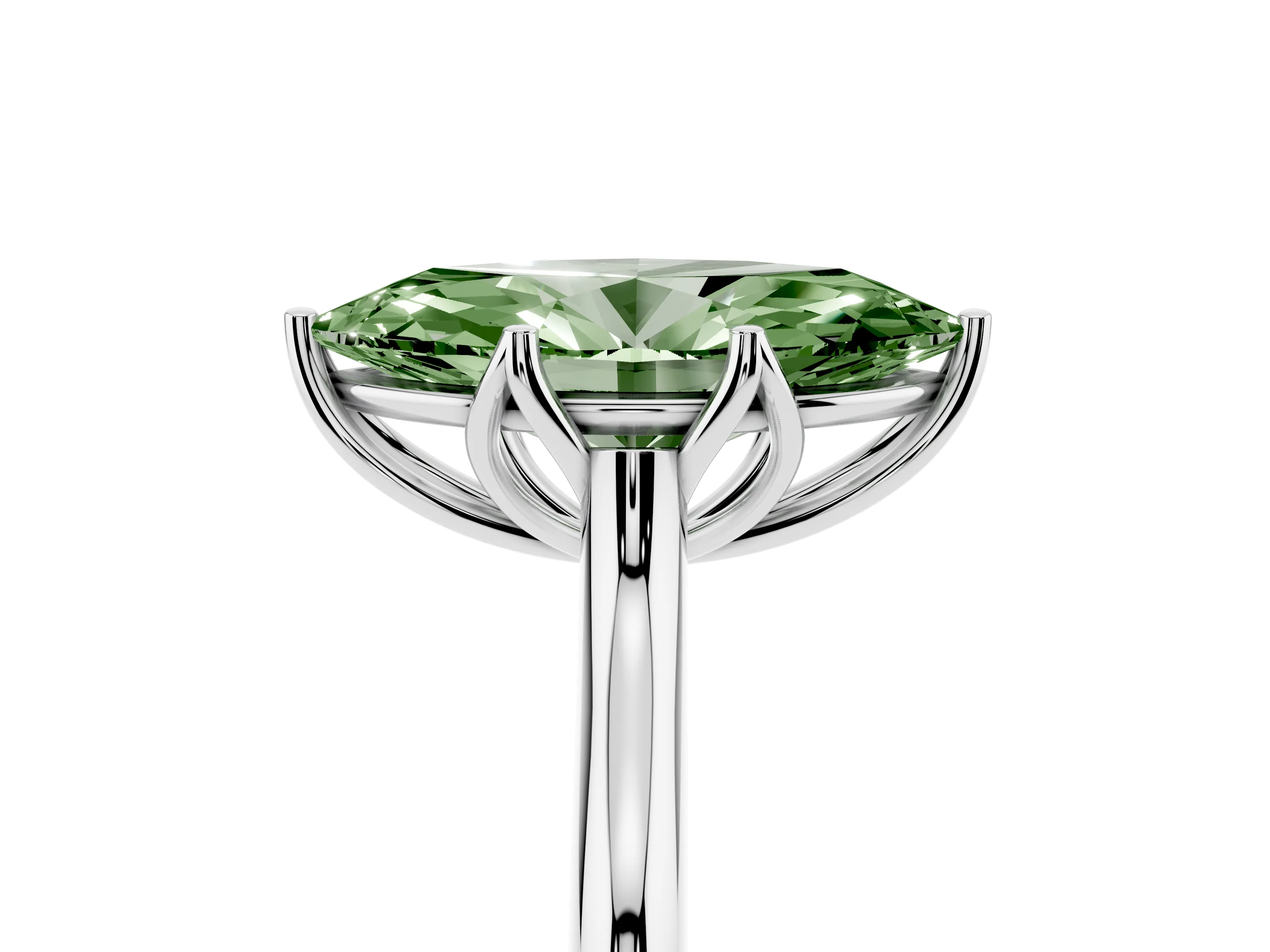 Fancy Green Marquise Cut Diamond Solitaire Cathedral Ring Set in Silver with Prong Setting