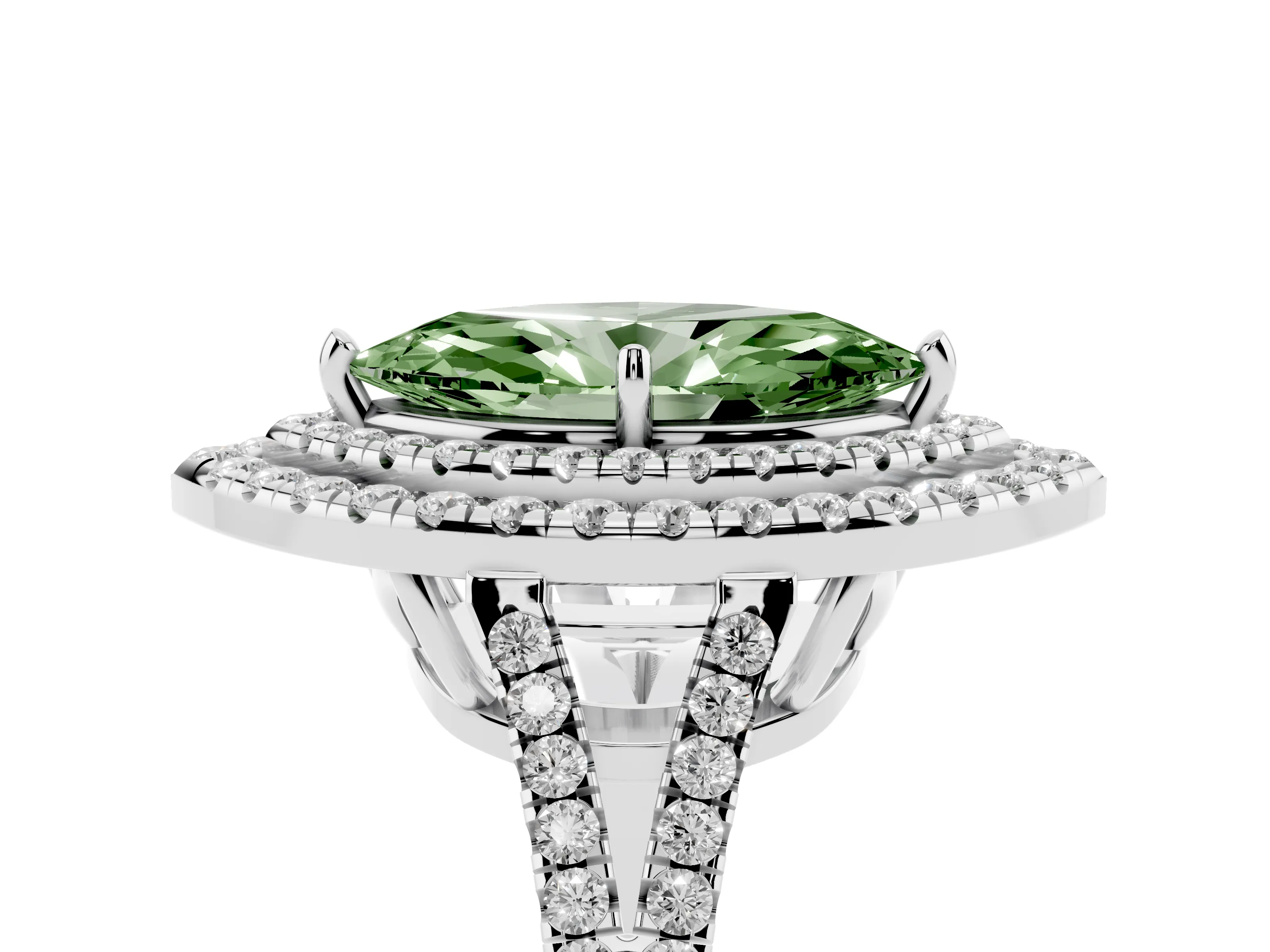 Fancy Green Marquise Cut Diamond Double Halo Ring Set in White gold with Pavé Band