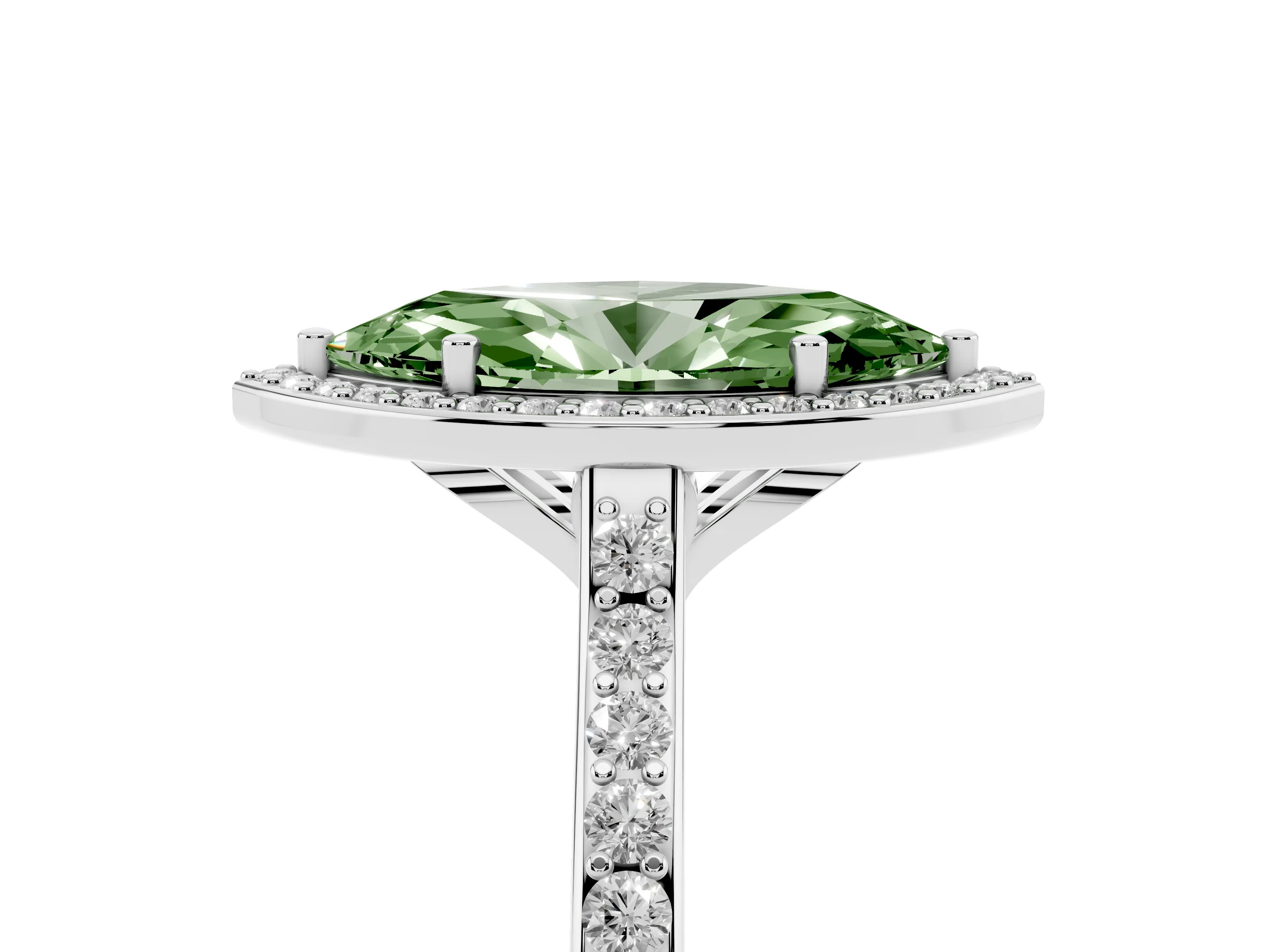 Fancy Green Marquise Cut Diamond Halo Engagement Ring Set in Silver with Round Pavé Shoulders and Heart Gallery