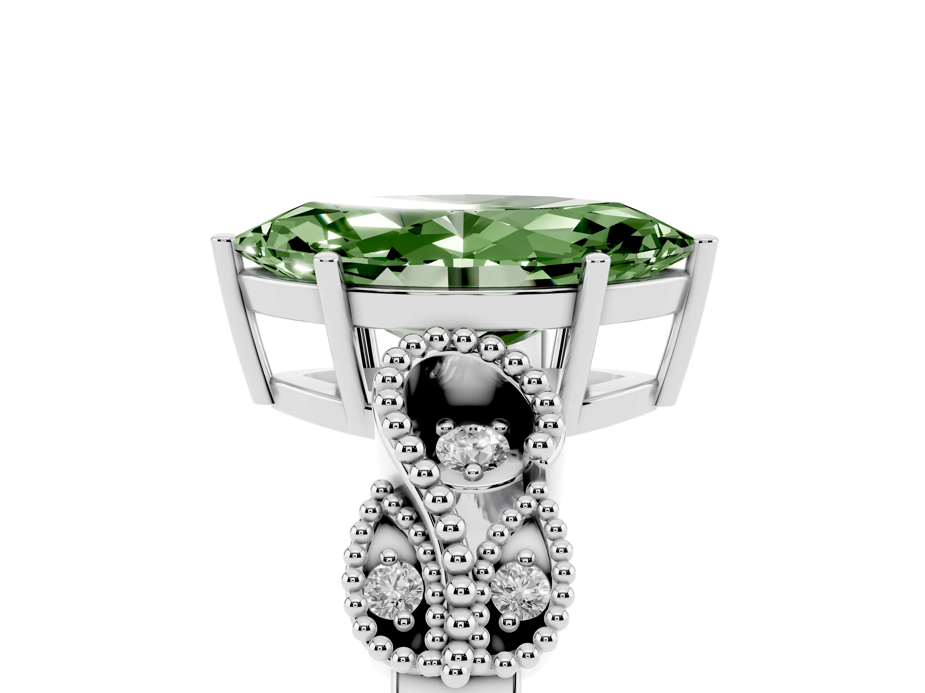 Fancy Green Marquise Cut Diamond Milgrain Leaf Band Solitaire Ring Set in Silver with Accent Stones and Prong Setting