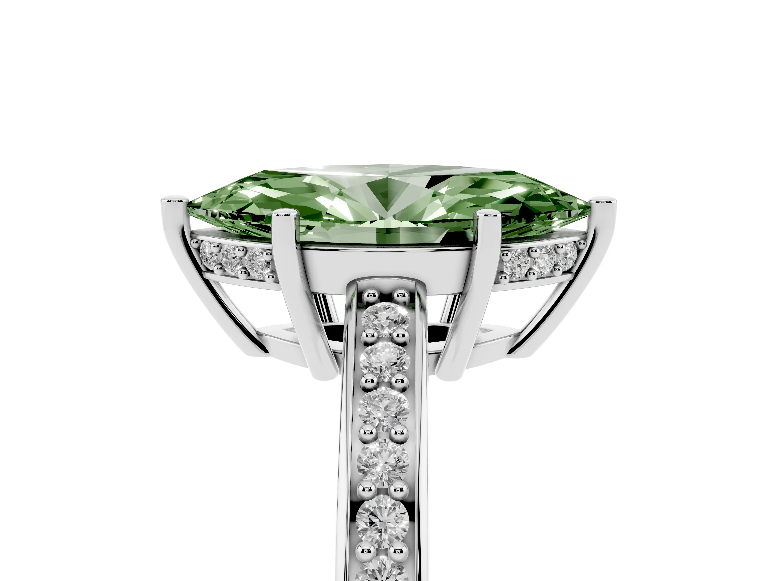 Fancy Green Marquise Cut Diamond Pavé Band Prong Set Solitaire Ring Set in Platinum