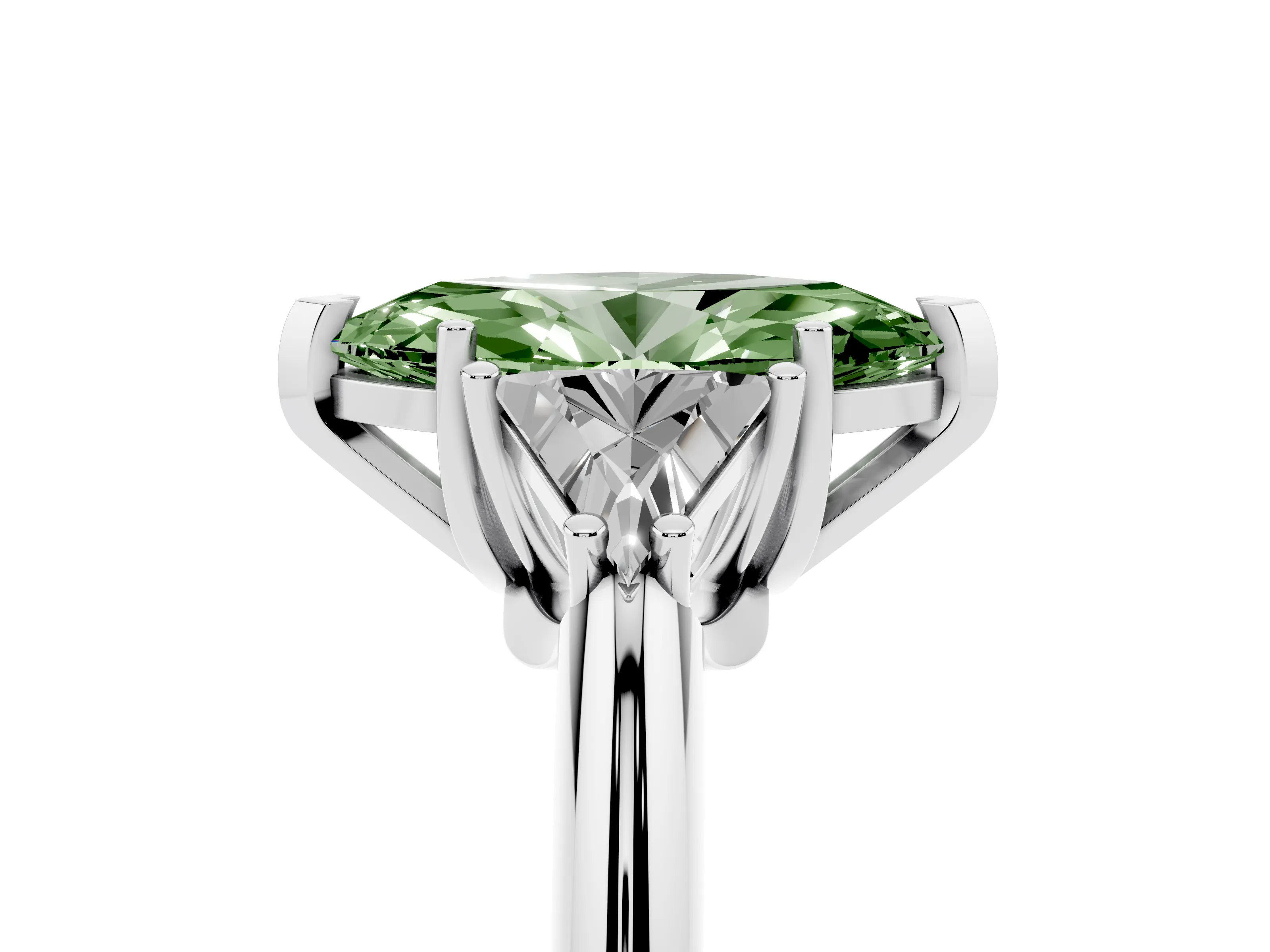 Fancy Green Marquise Cut Diamond Three-Stone Engagement Ring Set in Silver with Trillion Side Stones