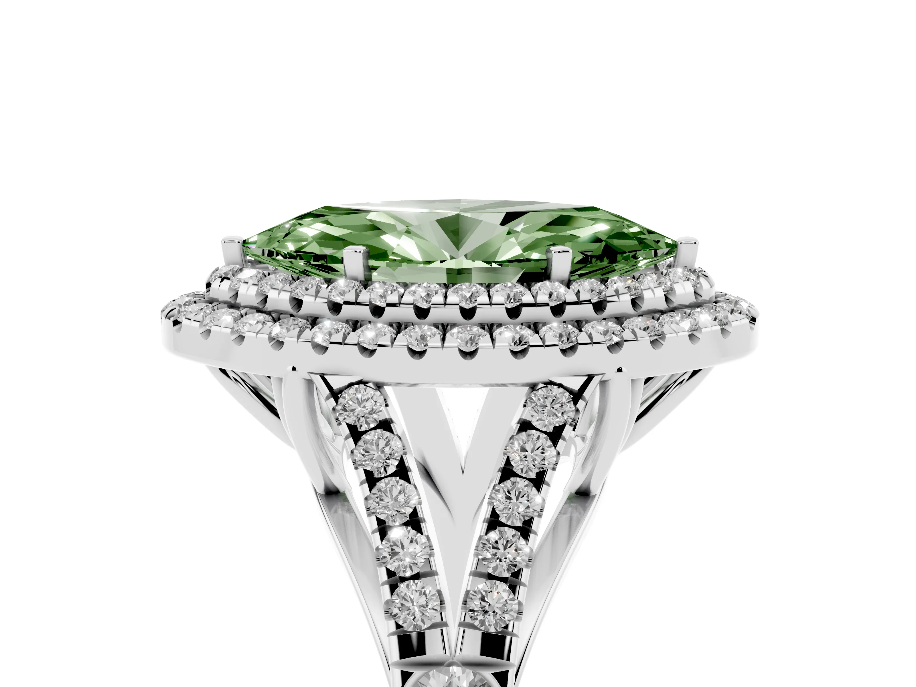 Fancy Green Marquise Cut Diamond Pavé Split Shank Double Halo Engagement Ring Set in Platinum