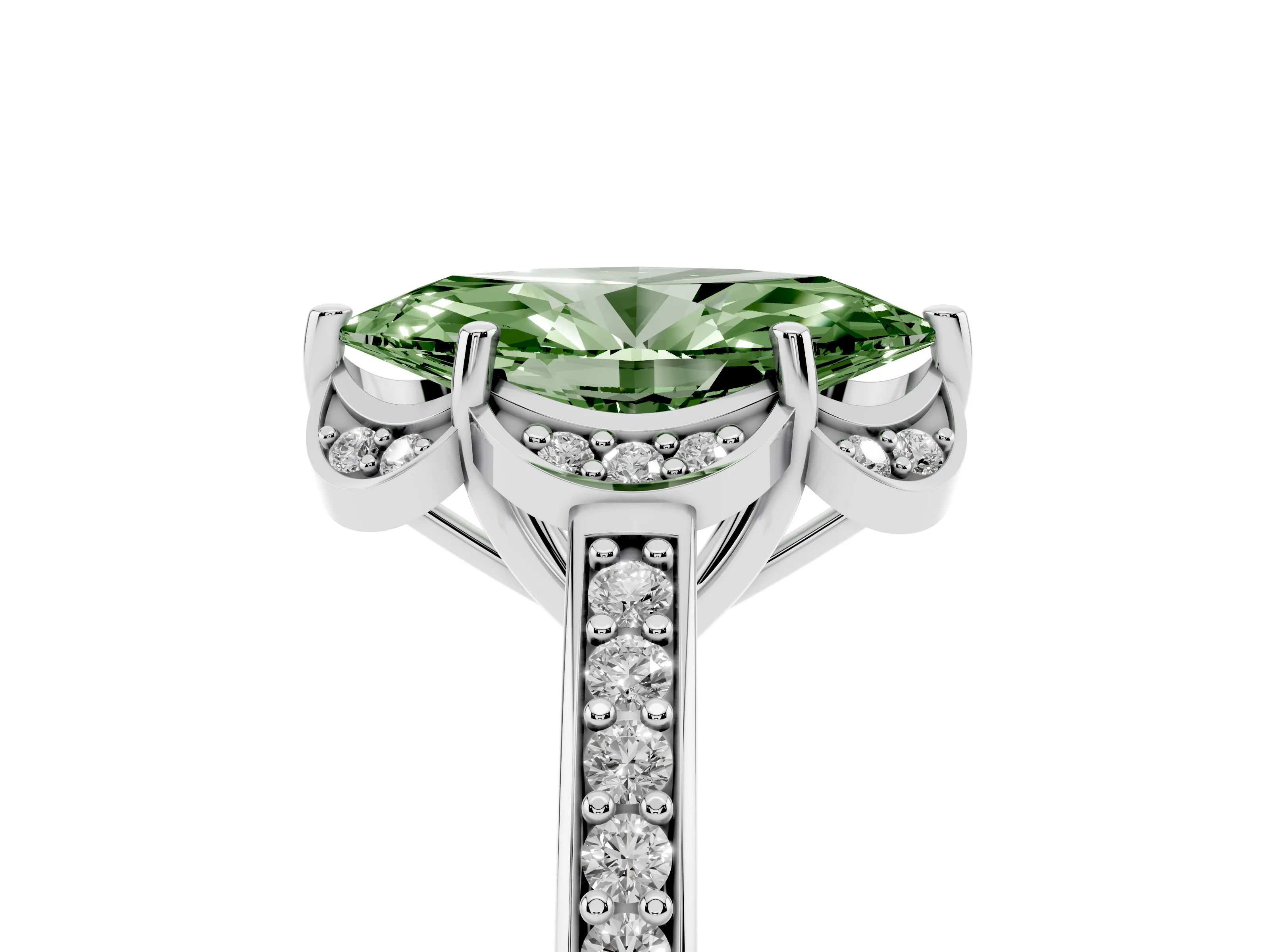 Fancy Green Marquise Cut Diamond Halo Ring Set in Silver with Channel Set Band and Prong Setting