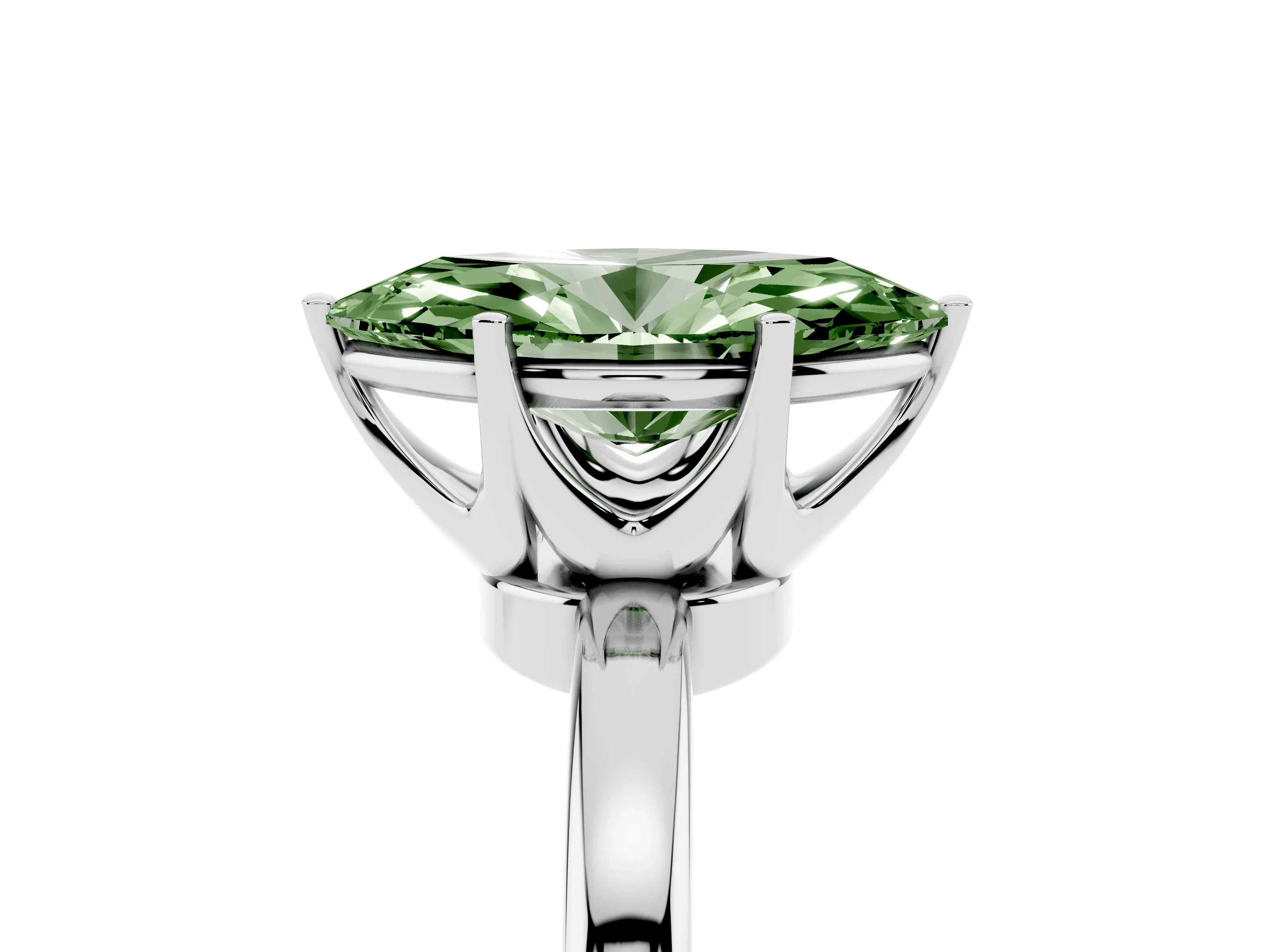 Fancy Green Marquise Cut Diamond Solitaire Ring Set in White gold with Raised Prong Setting on a Classic Band