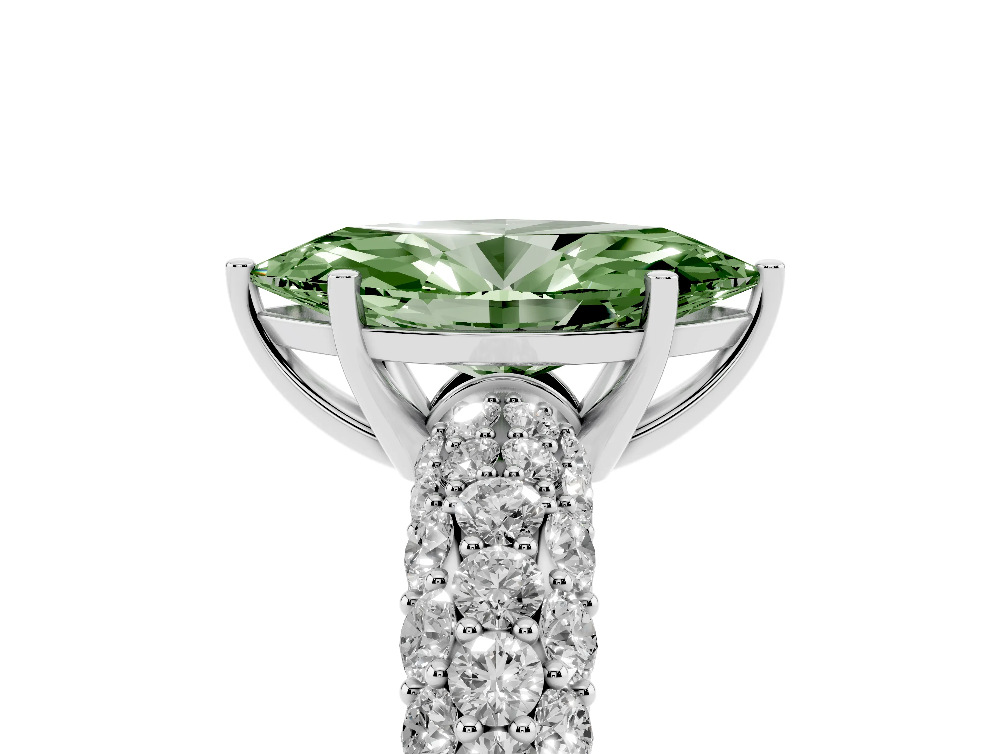 Fancy Green Marquise Cut Diamond Pavé Band Solitaire Ring Set in White gold with Close-Set Accent Stones and Prong Setting