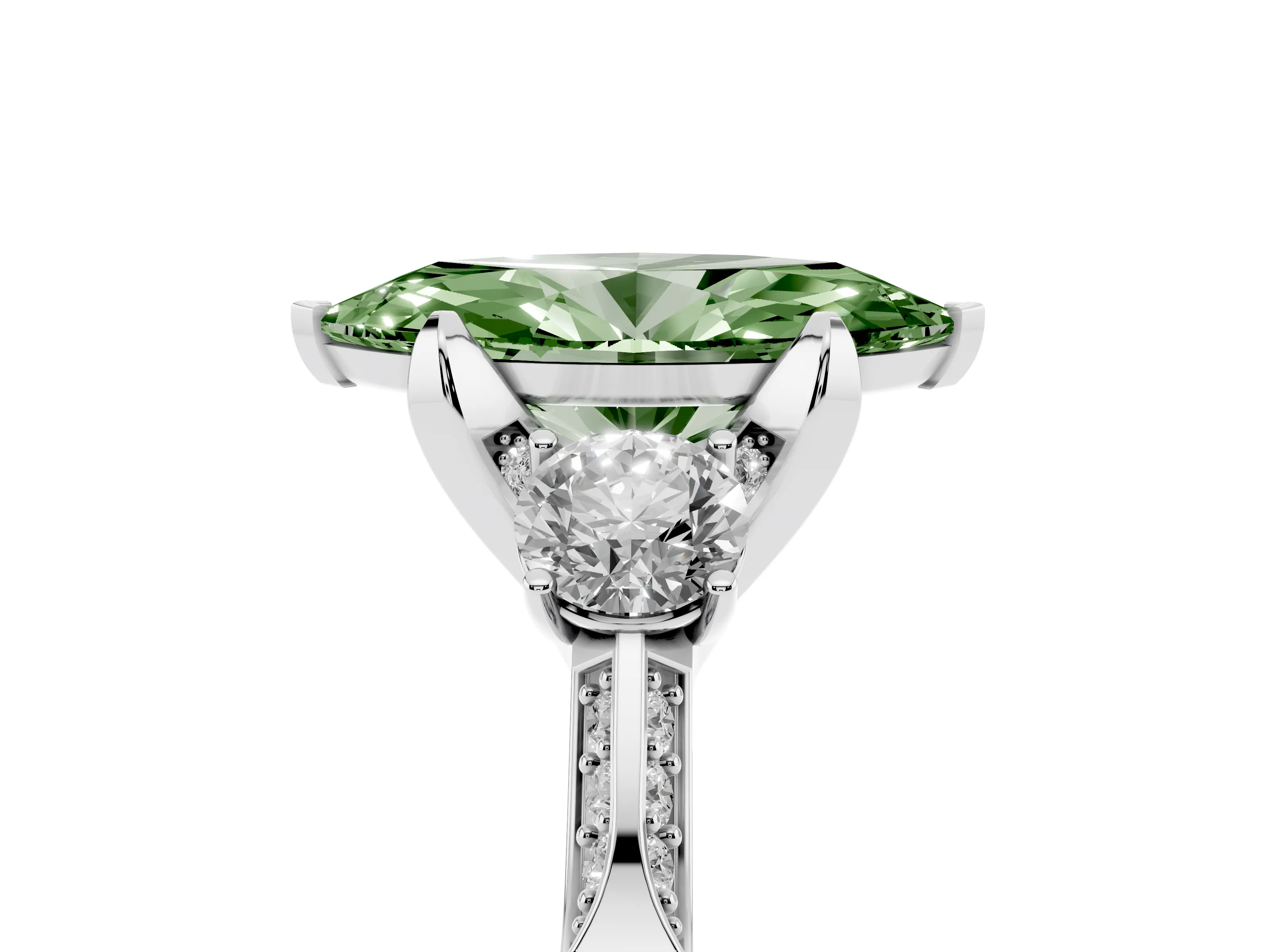Fancy Green Marquise Cut Diamond Three-Stone Ring Set in Platinum with Pavé Band and Smaller Side Stones