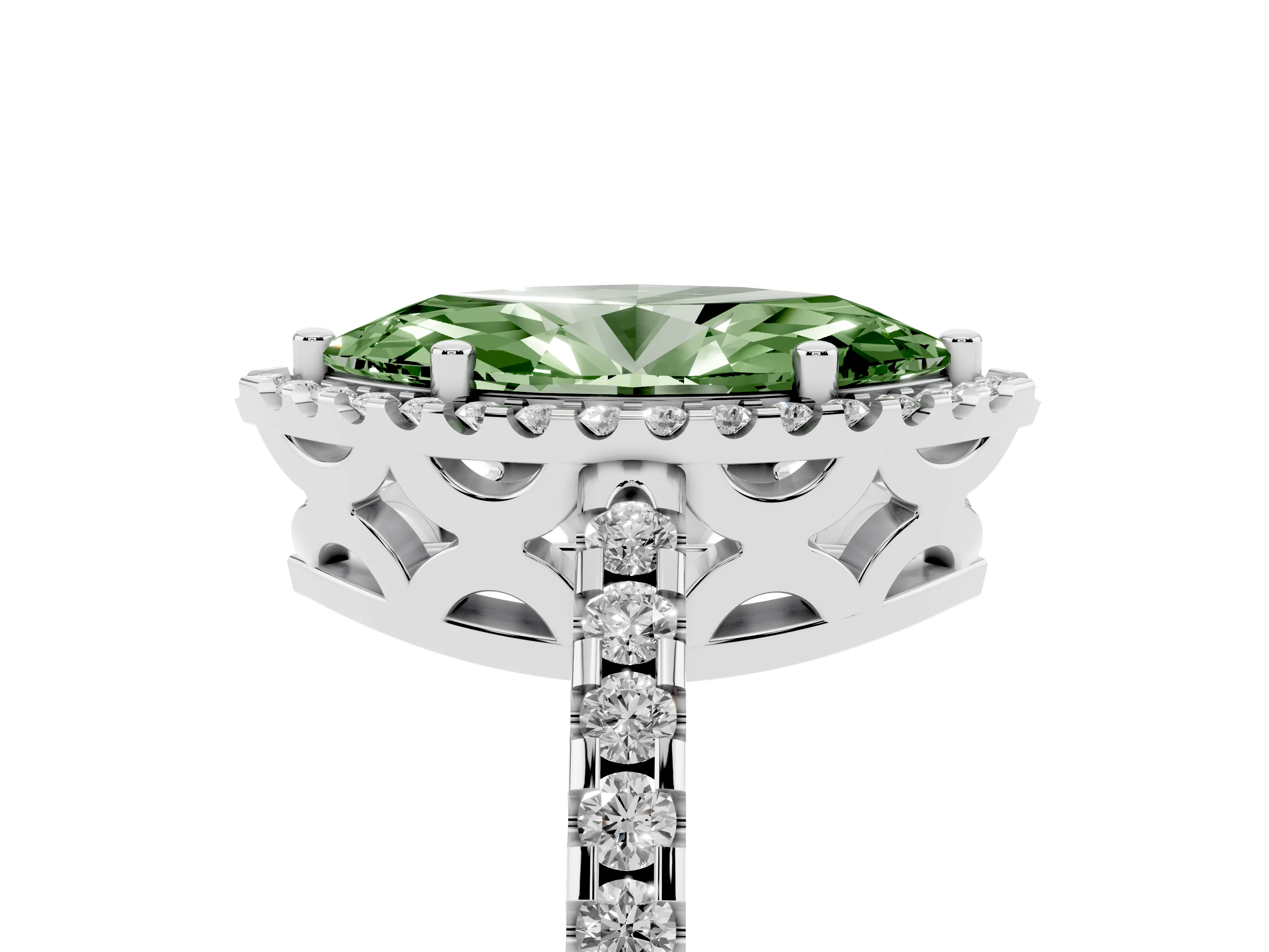 Fancy Green Marquise Cut Diamond Halo Ring Set in White gold with Pavé Shoulders and Halo-Framed Center