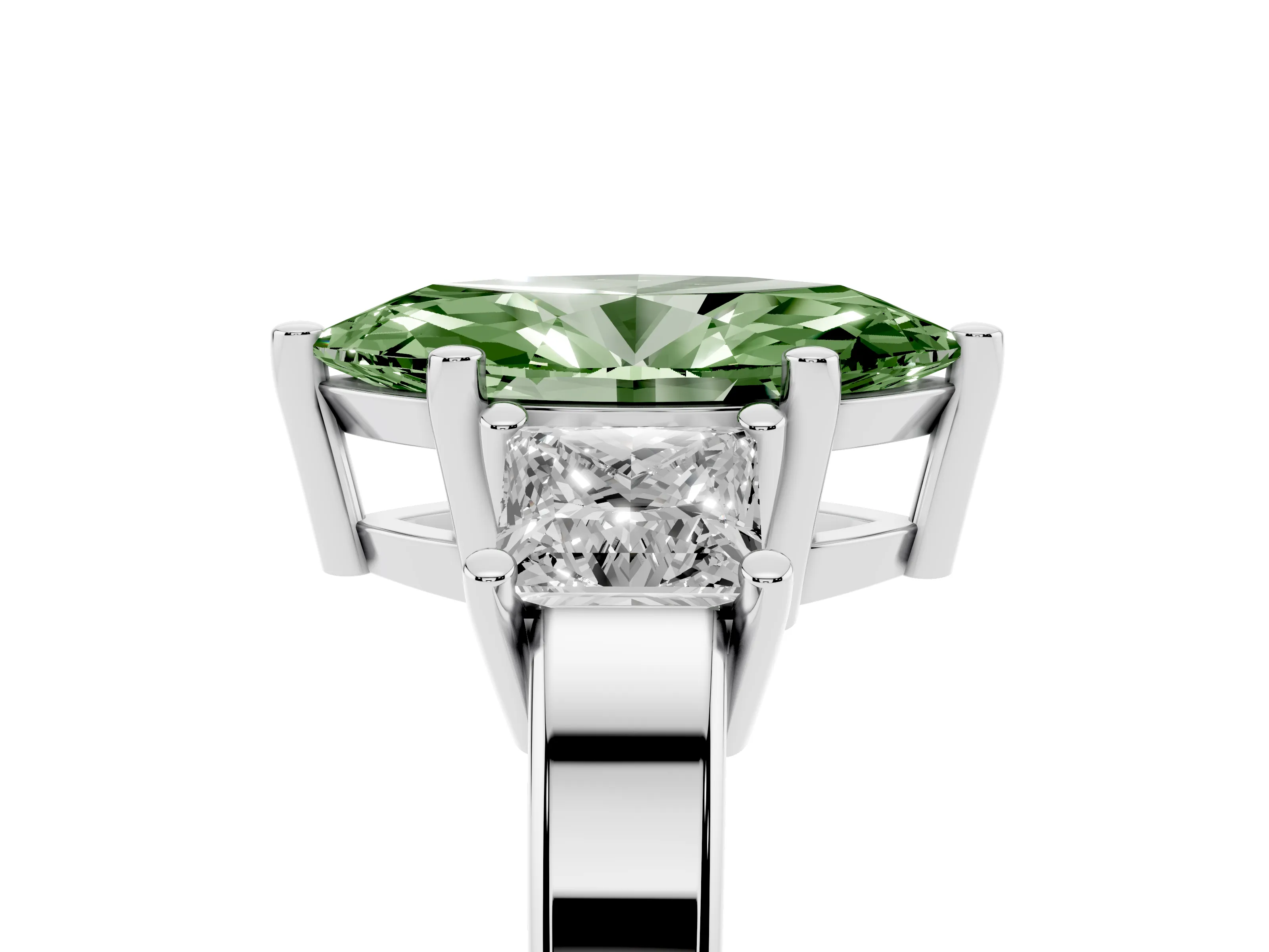 Fancy Green Three-Stone Marquise Cut Diamond Solitaire Ring Set in Platinum with Prong Setting