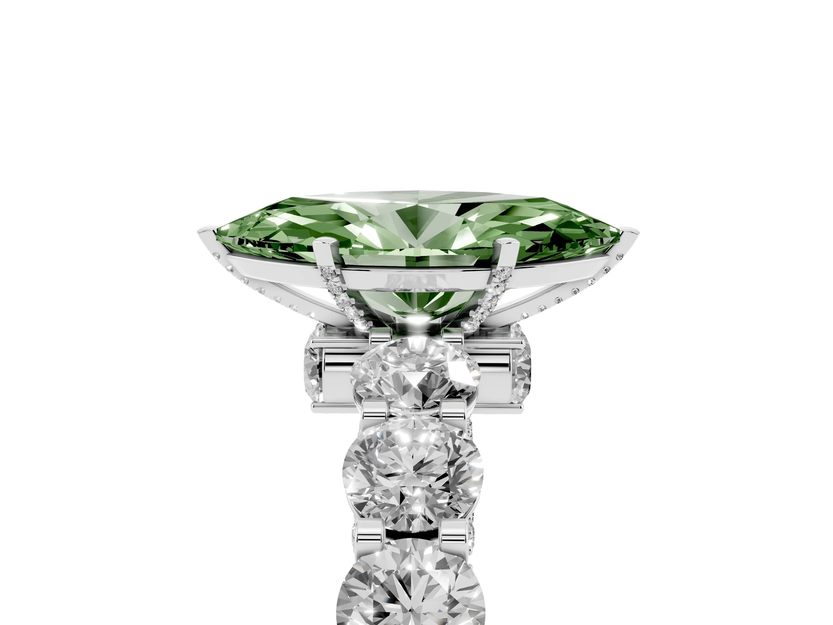 Fancy Green Marquise Cut Diamond Side Stone Ring Set in White gold with Alternating Round and Oval Side Stones