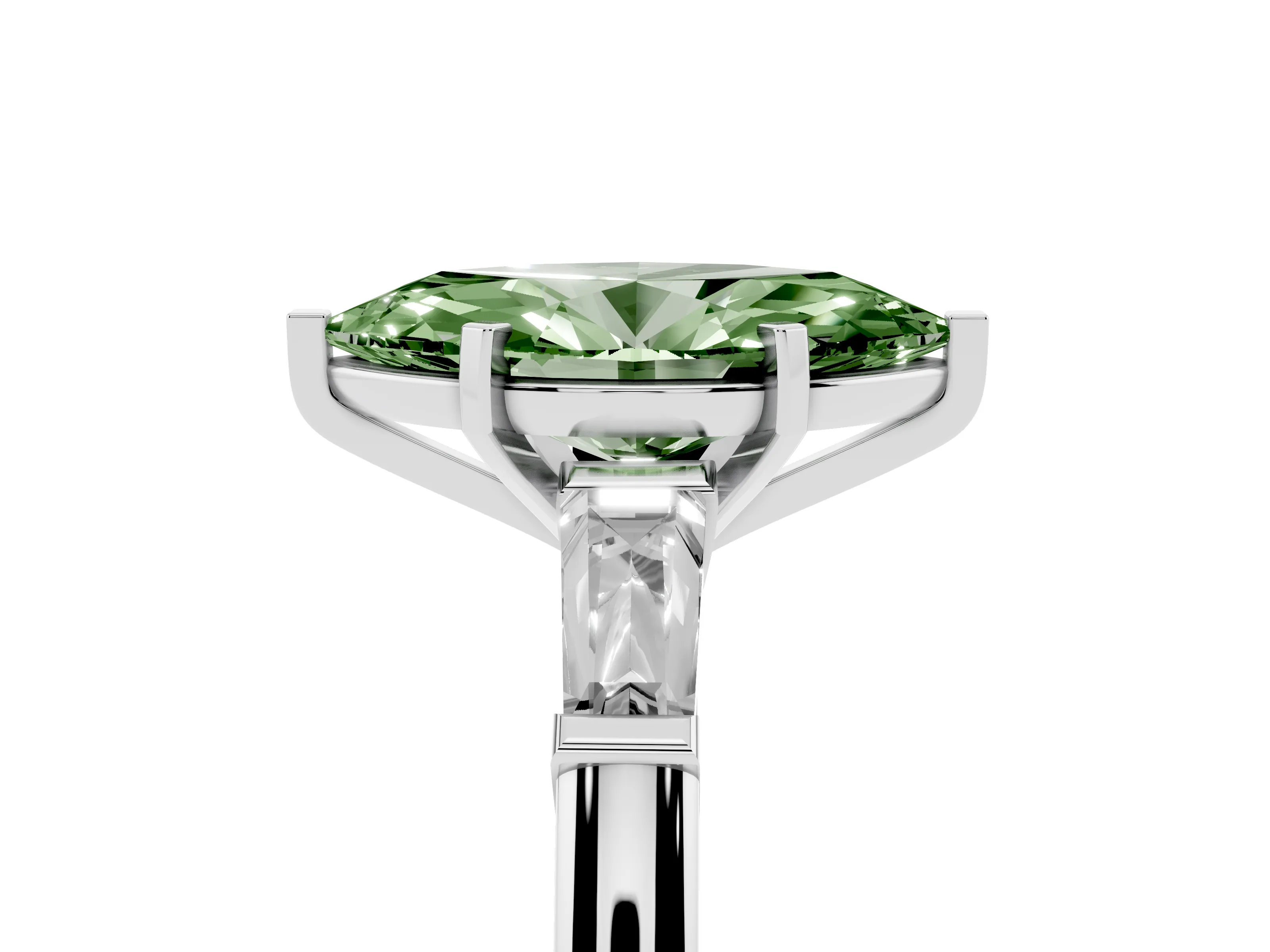 Fancy Green Marquise Cut Diamond Solitaire Ring Set in White gold with Tapered Baguette Side Stones and Prong Setting