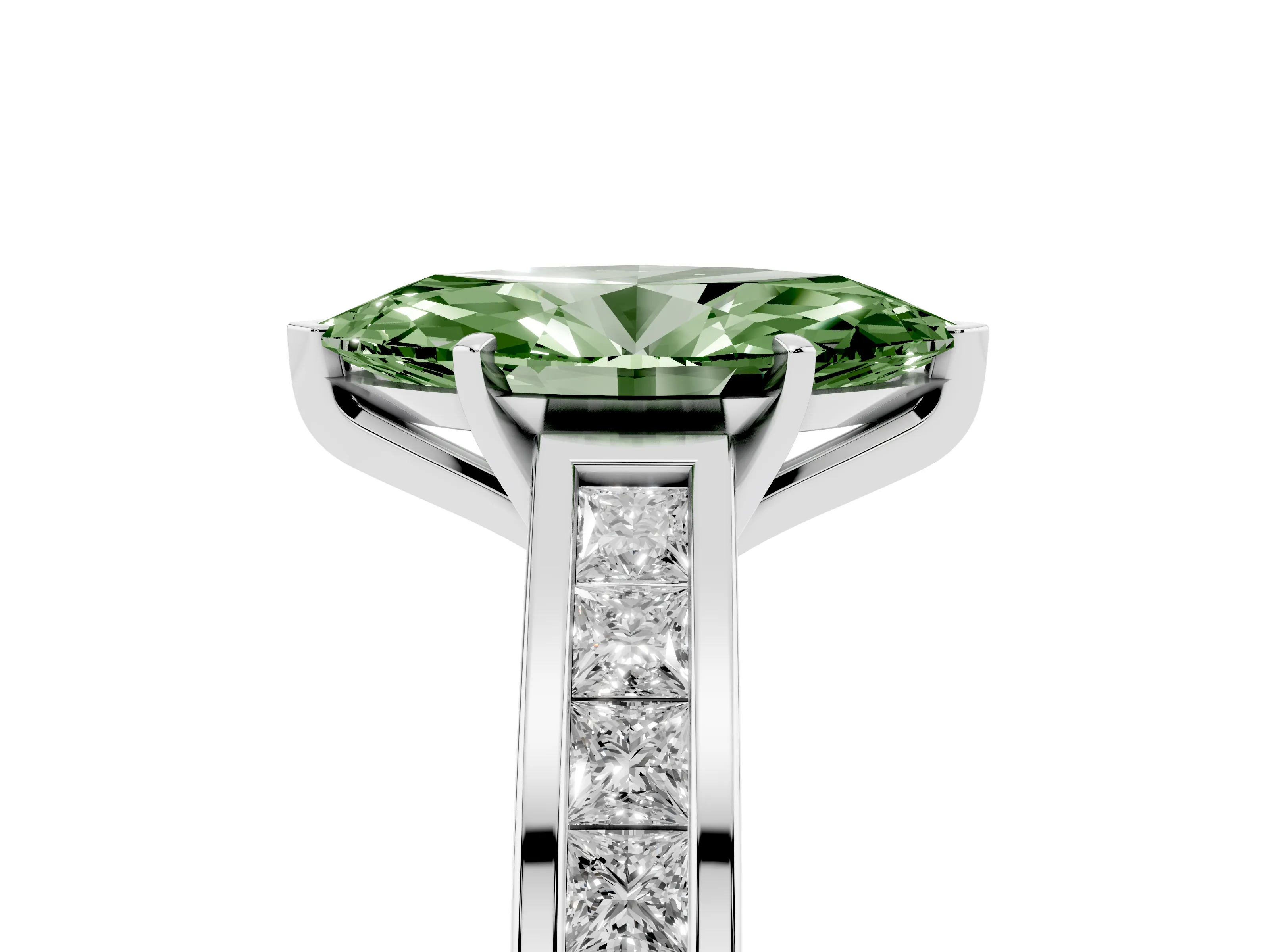 Fancy Green Marquise Cut Diamond Solitaire Ring Set in Silver with Channel-Set Band and Prong Setting