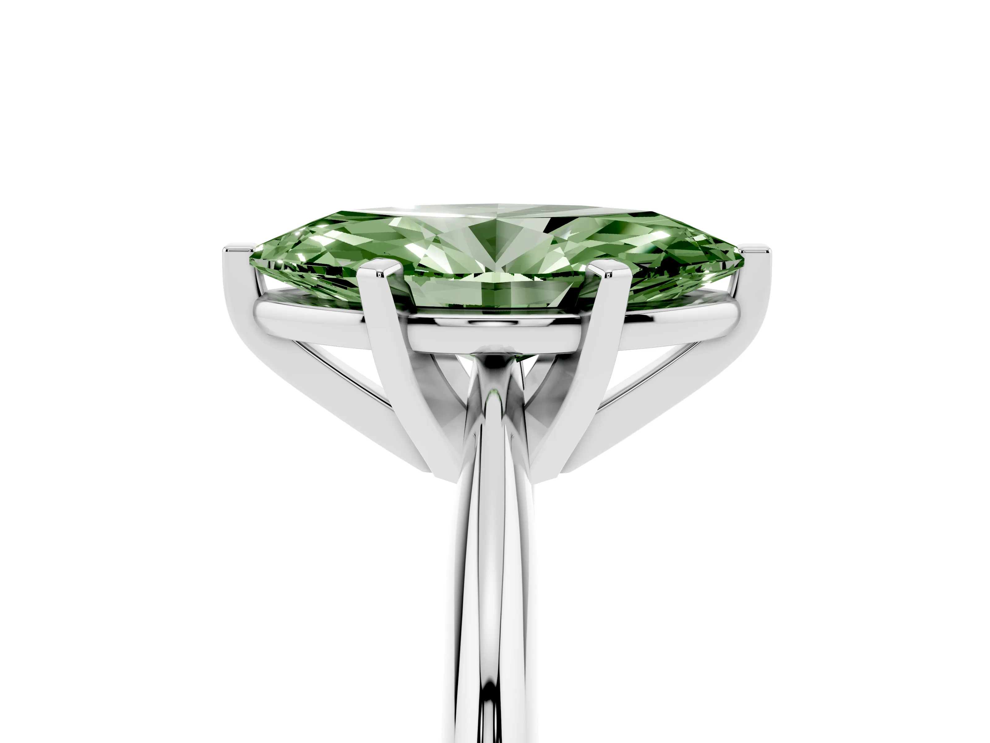 Fancy Green Marquise Cut Diamond Solitaire Ring Set in Silver with Prong Setting on a Plain Round Band