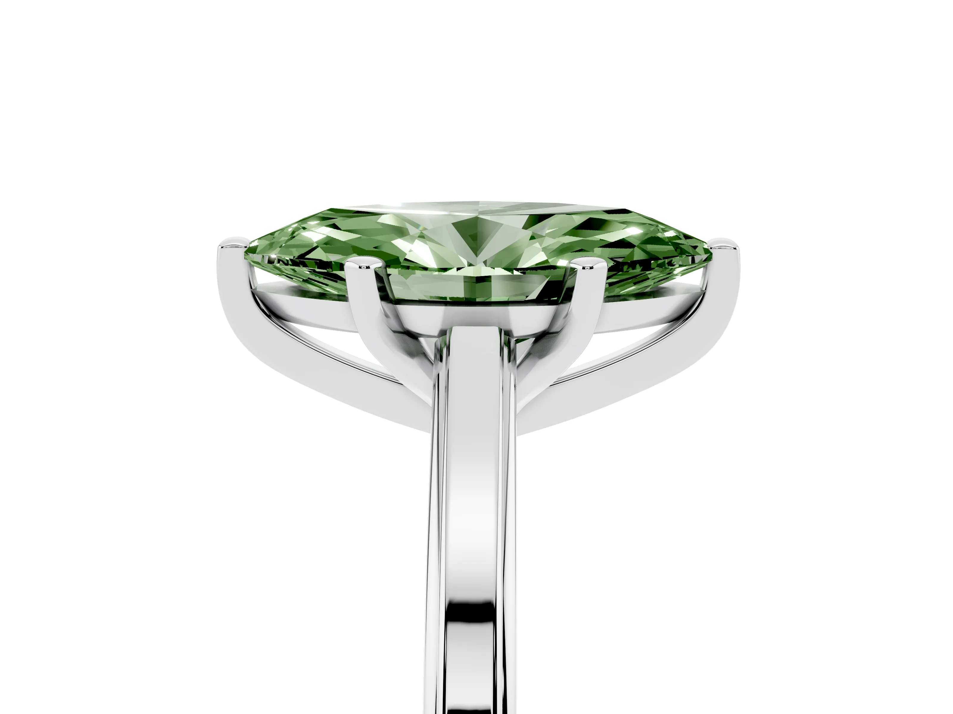 Fancy Green Marquise Cut Diamond Solitaire Ring Set in Platinum with Prong Setting and Classic Band