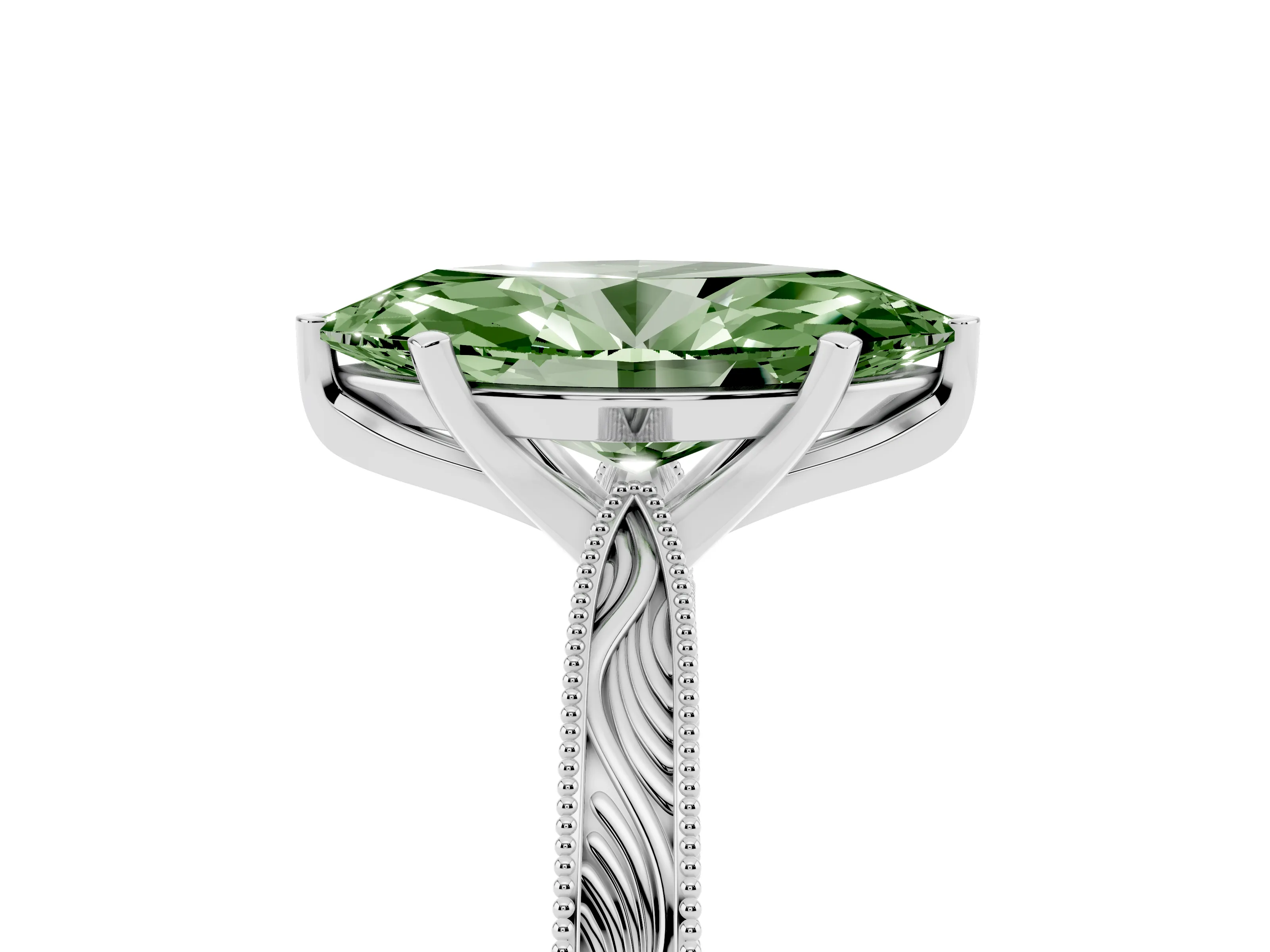 Fancy Green Marquise Cut Diamond Solitaire Milgrain Engraved Band Set in White gold with Prong Setting