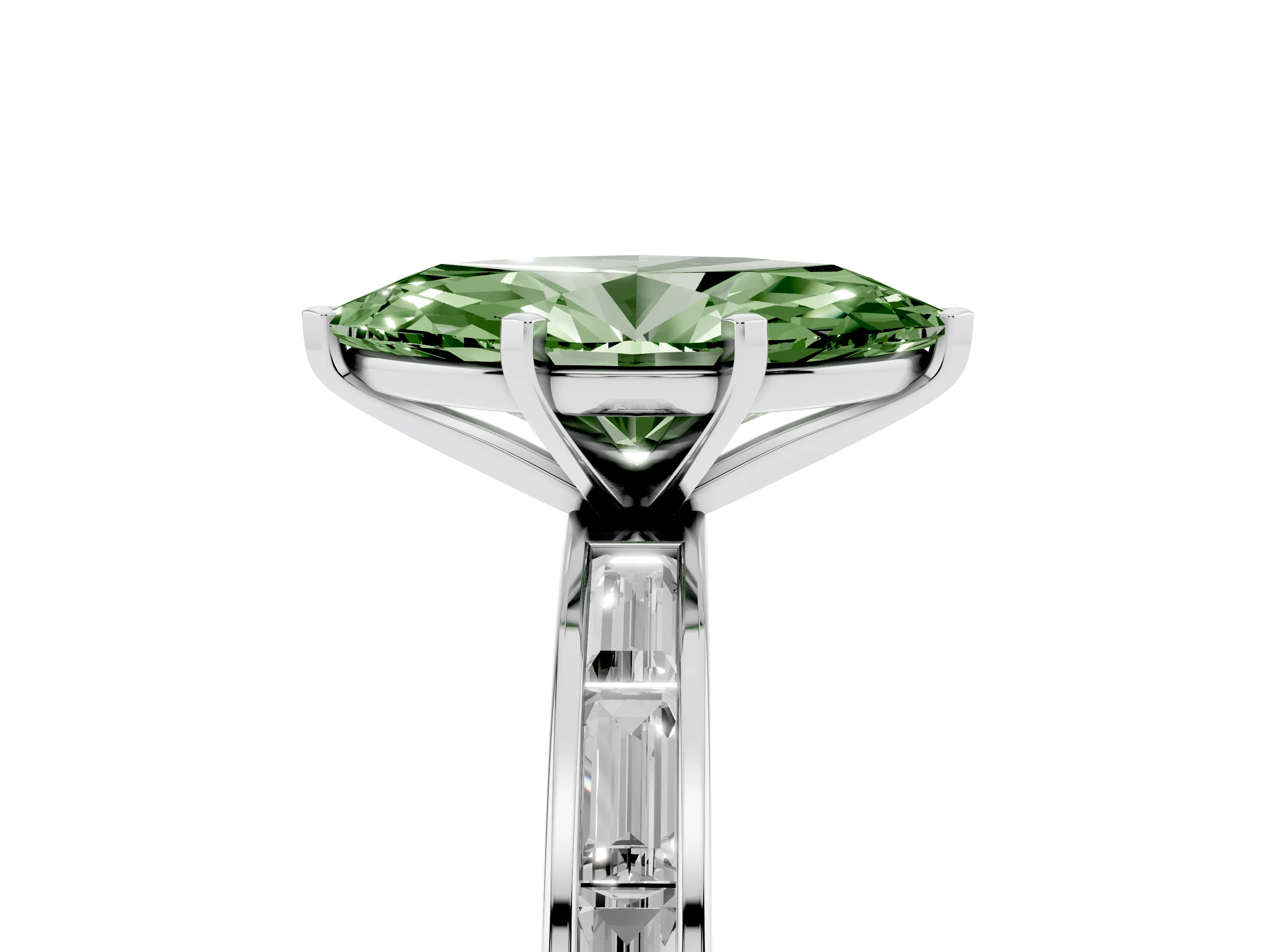 Fancy Green Marquise Cut Diamond Solitaire Ring Set in Silver with Channel-Set Baguette Band and Prong Setting